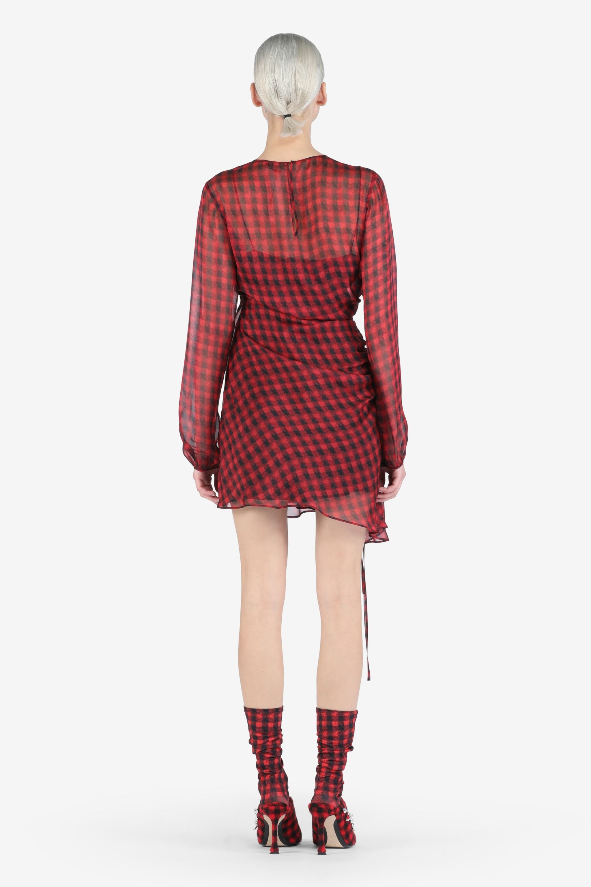 CHECKED GATHERED SILK MINI DRESS - 2
