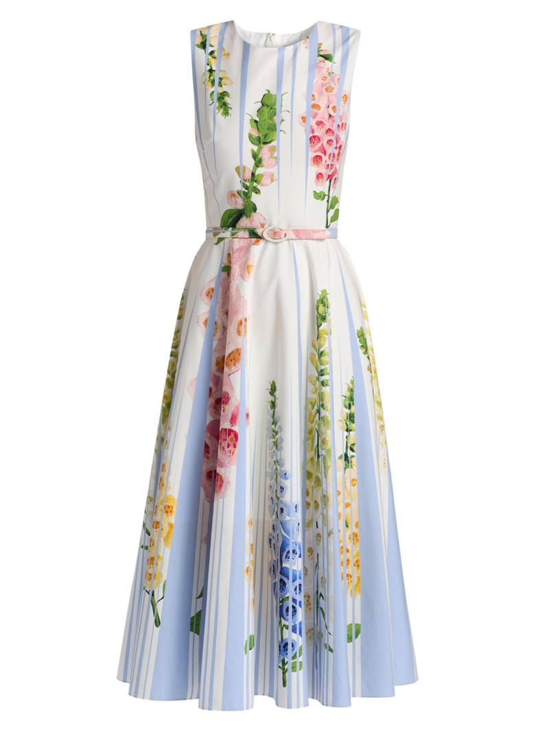 Women's Pleated Foxgloves-Print Cotton Poplin Midi-Dress - Light Blue Mult 1