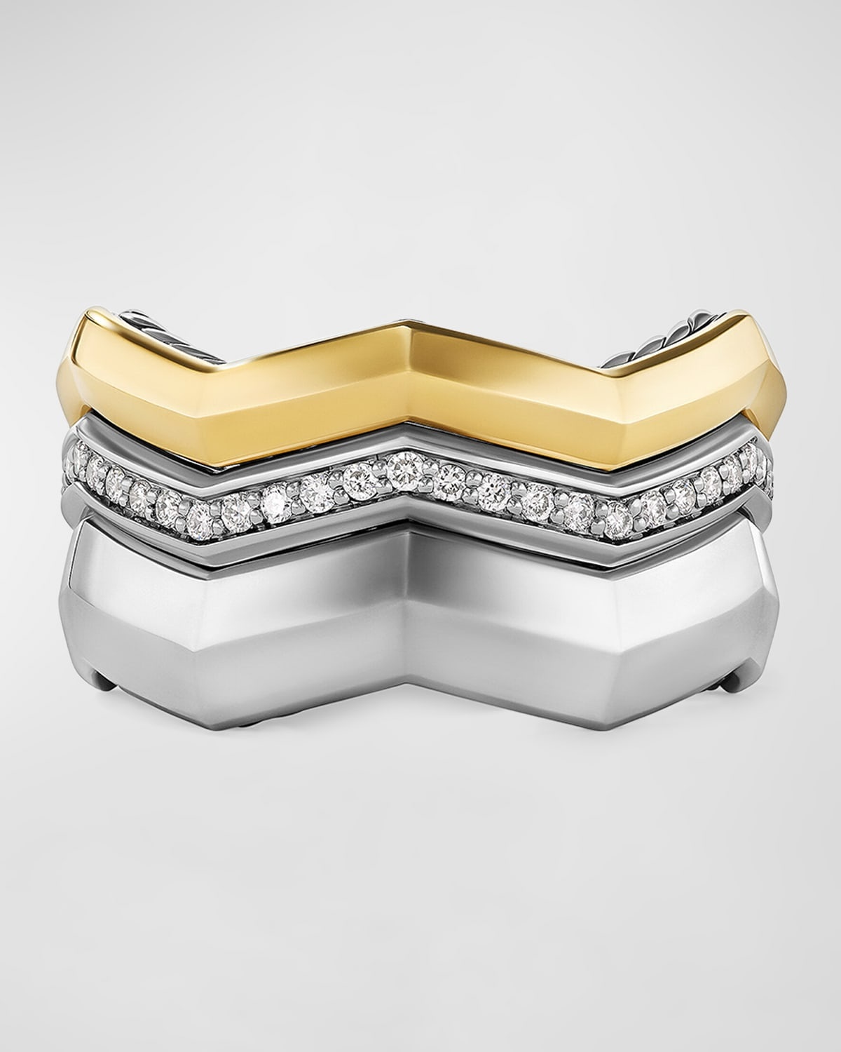Zig Zag Stax Three Row Ring with Diamonds in 18K Gold and Silver, 11mm - 3
