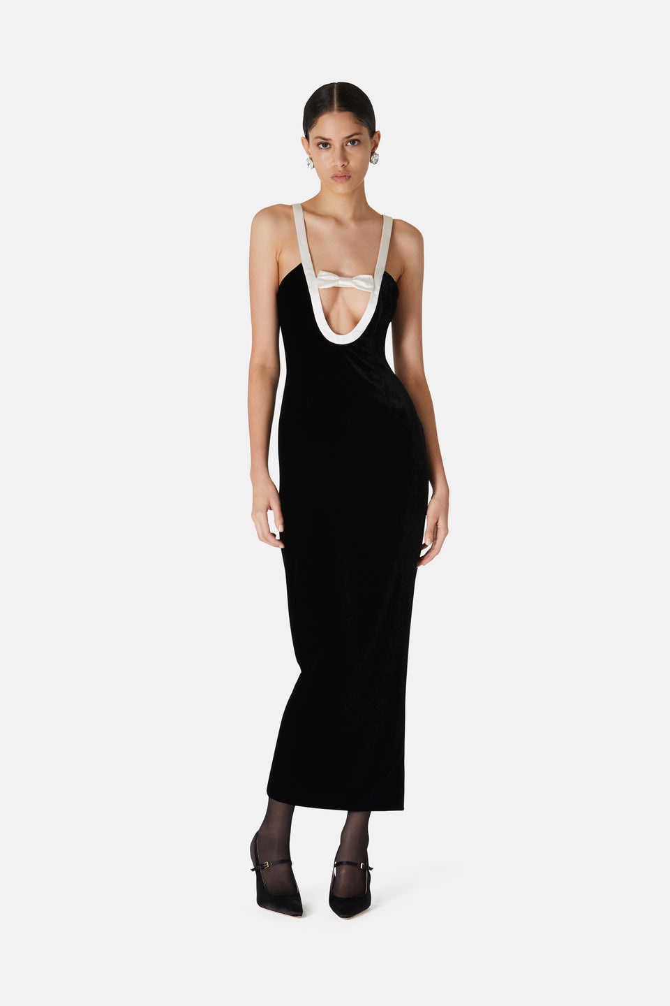 VELVET EVENING DRESS WITH CONTRASTING DUCHESSE BOW - 4