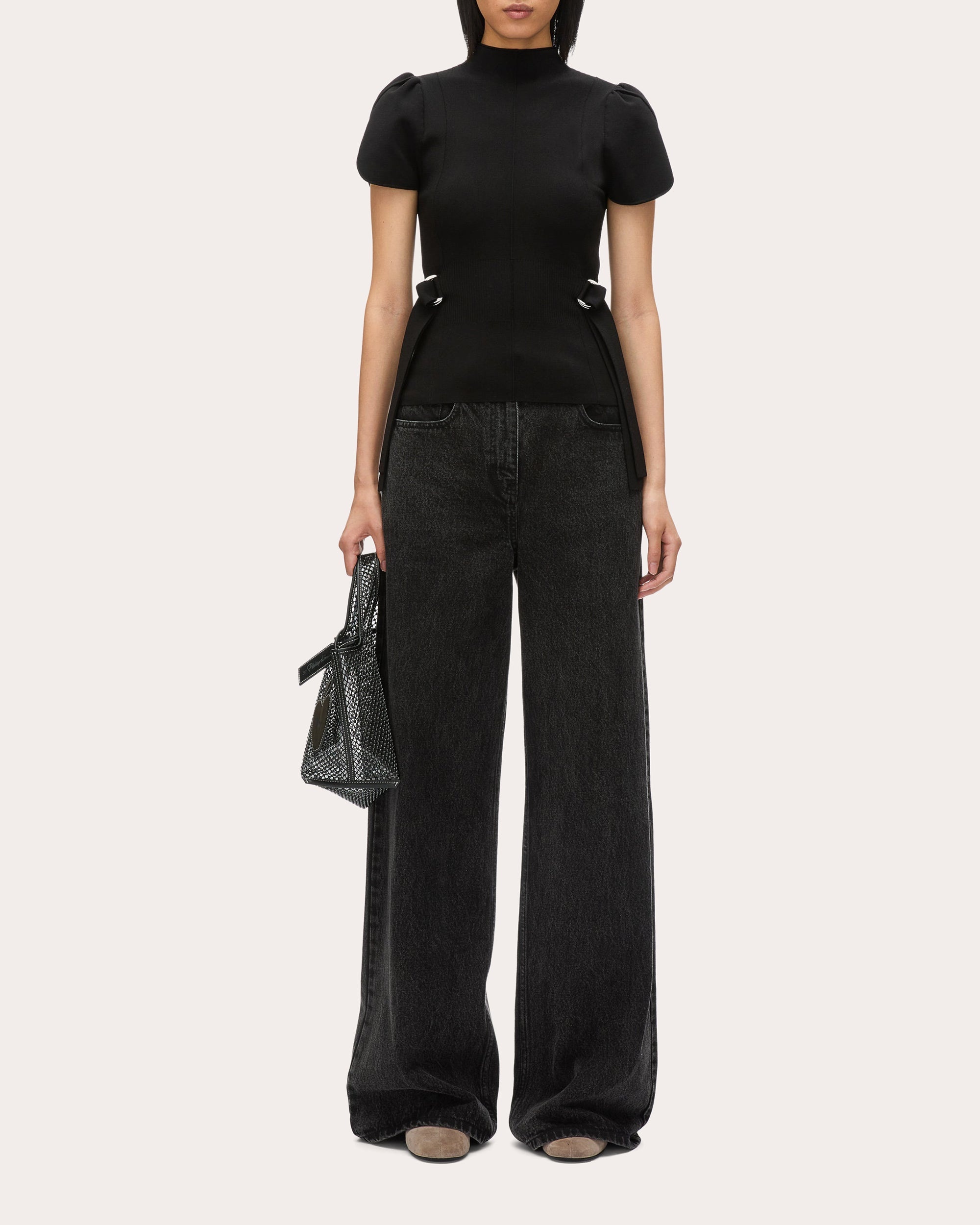 Compact Rib Knit Mock Neck Tulip-Sleeve Top - 5