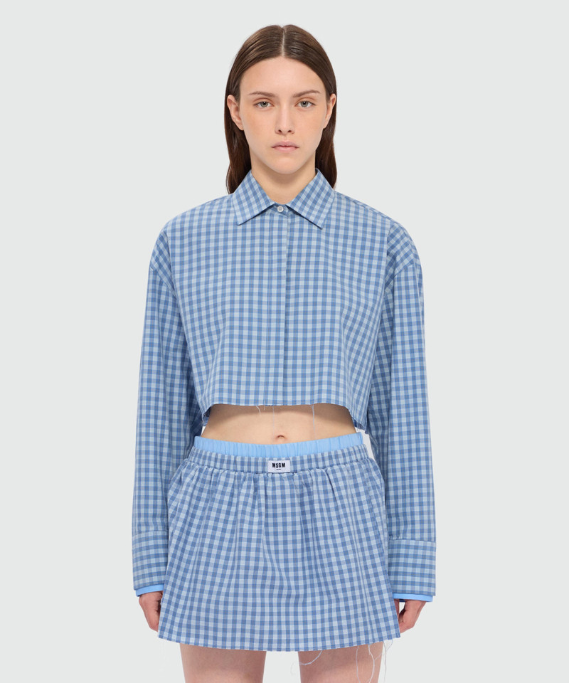 MSGM Light blue cropped cotton micro-check shirt with back opening outlook