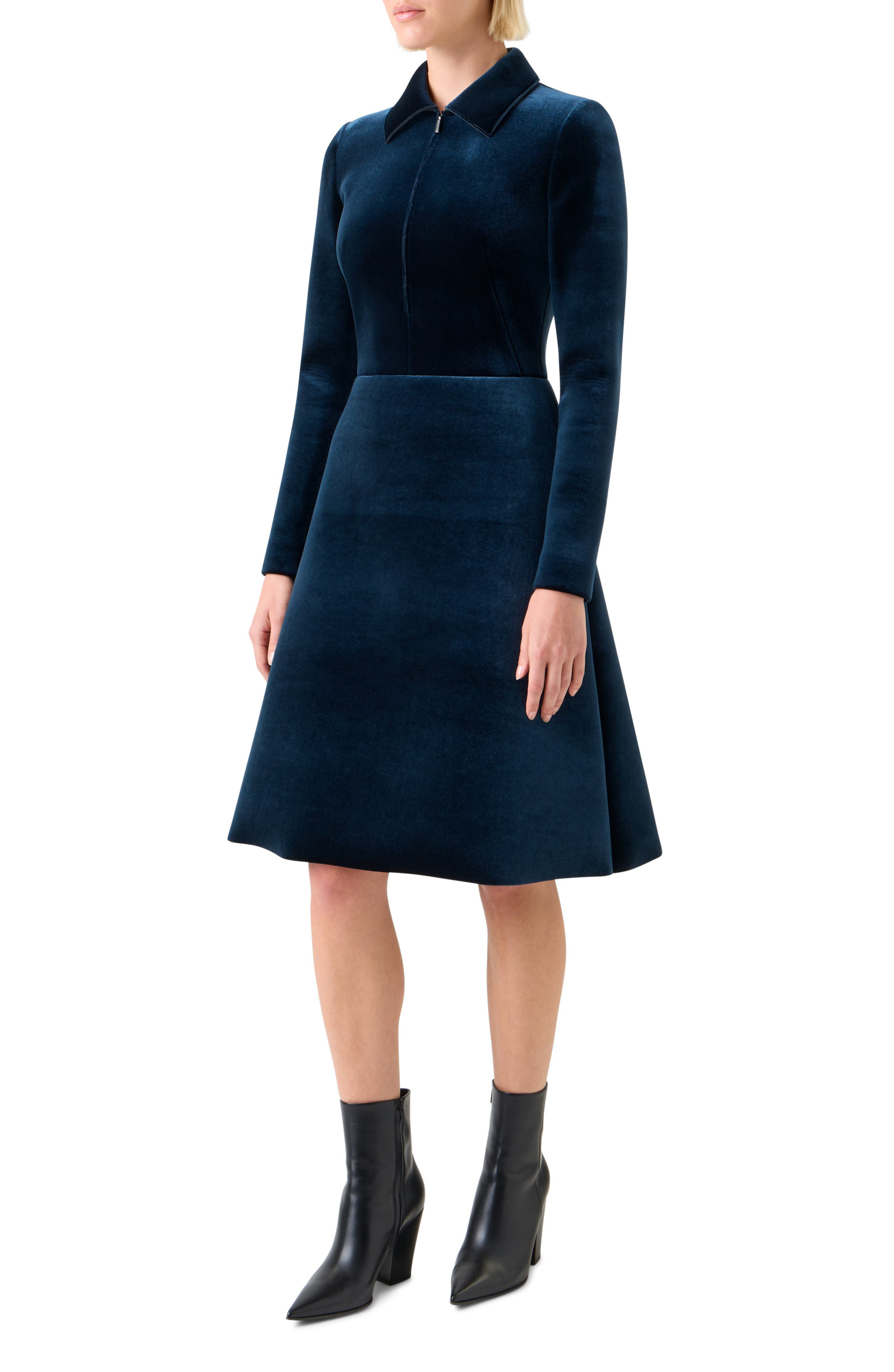 Akris Long Sleeve Velvet Neoprene A-Line Shirtdress in Denim Blue at Nordstrom - 3