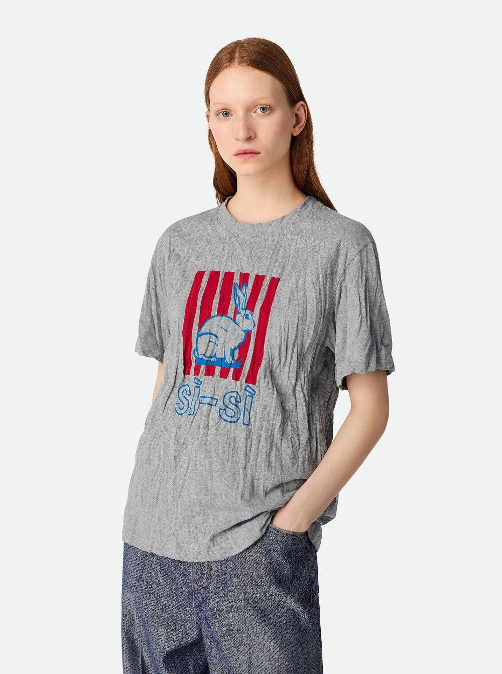 Bottega Veneta Women Grey Crewneck T-Shirt With Maxi Print On The Front And Wrinkled Ffect In Cotton - 4