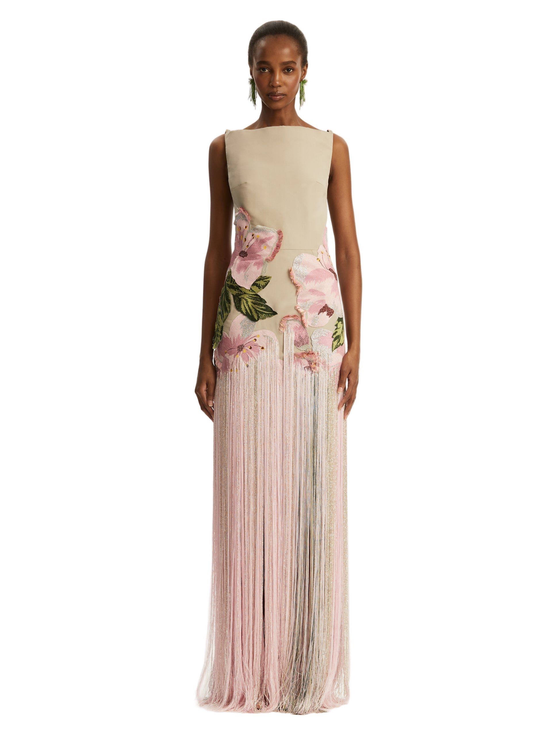 SLEEVELESS EMBROIDERED FAILLE GOWN WITH FRINGES - 2
