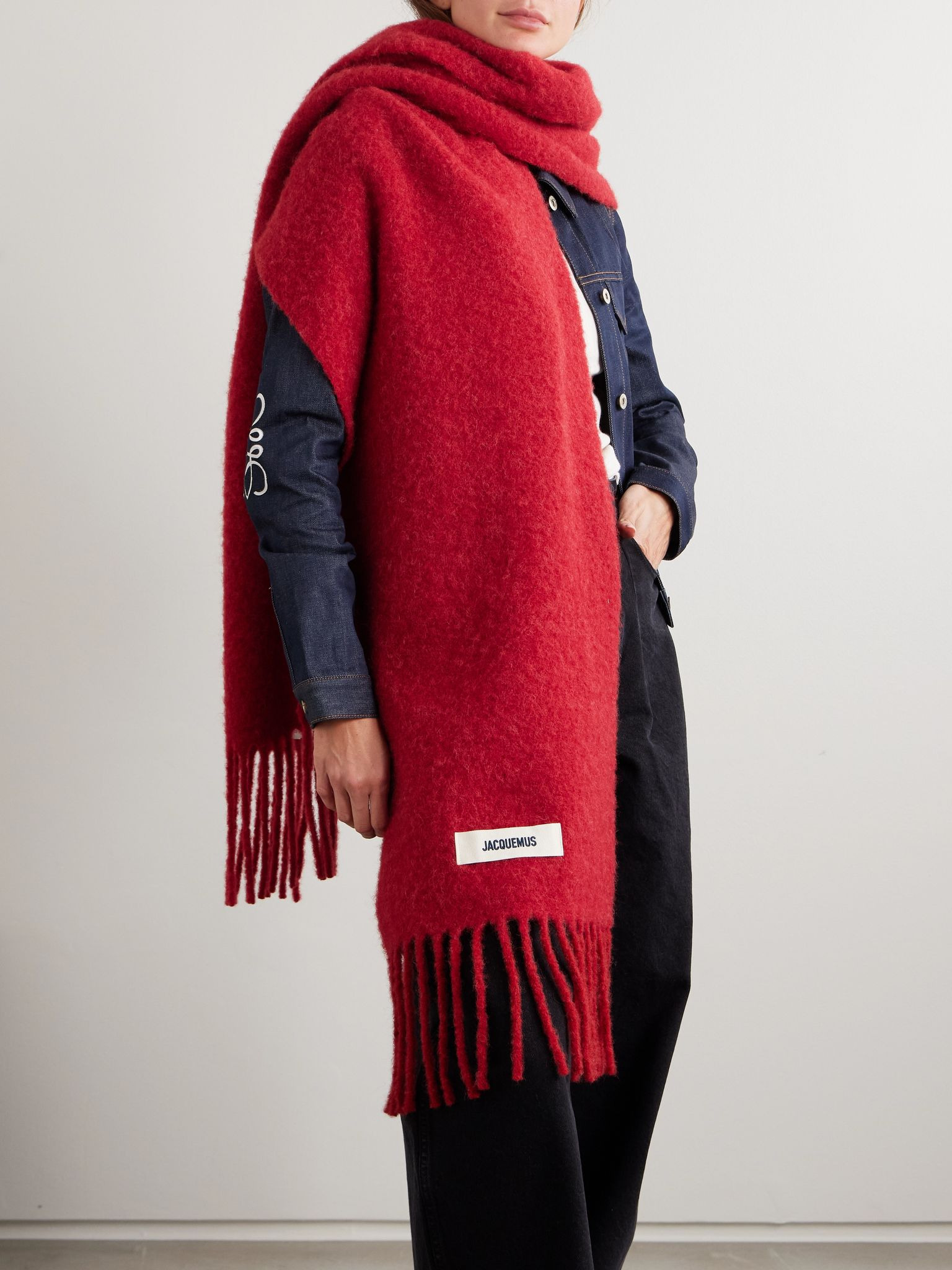 Fringed appliquéd brushed knitted scarf Red - 2