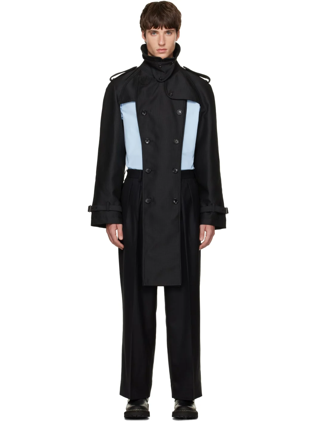 Black Dobby Cloth Trench Coat - 1
