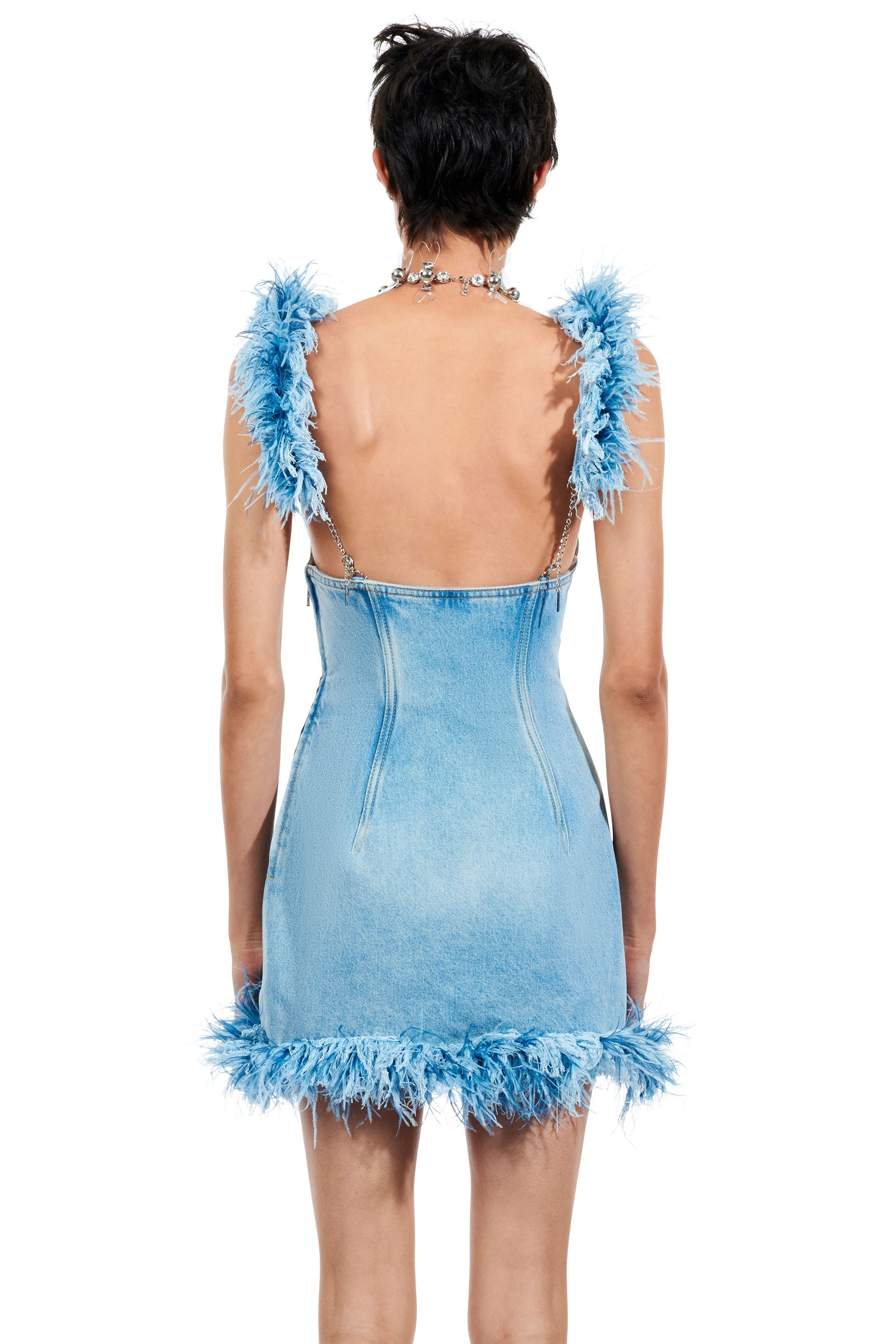 FRAYED DENIM FEATHER MINI DRESS - 2