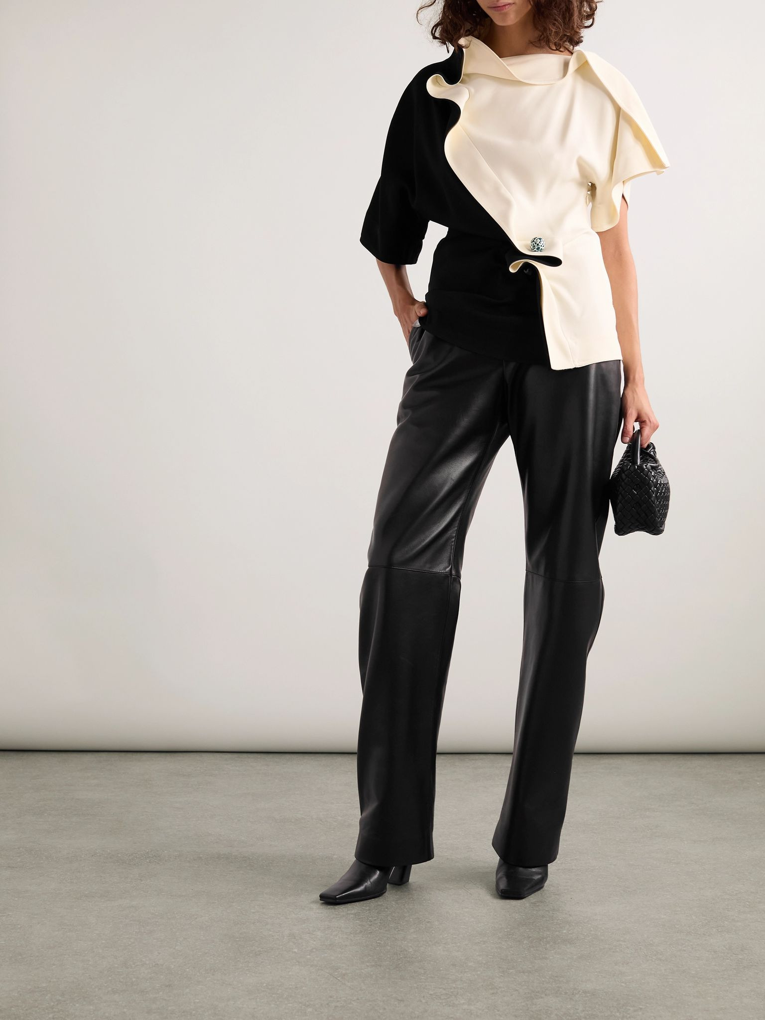 Embellished ruffled draped two-tone crepe top Neutral - 2