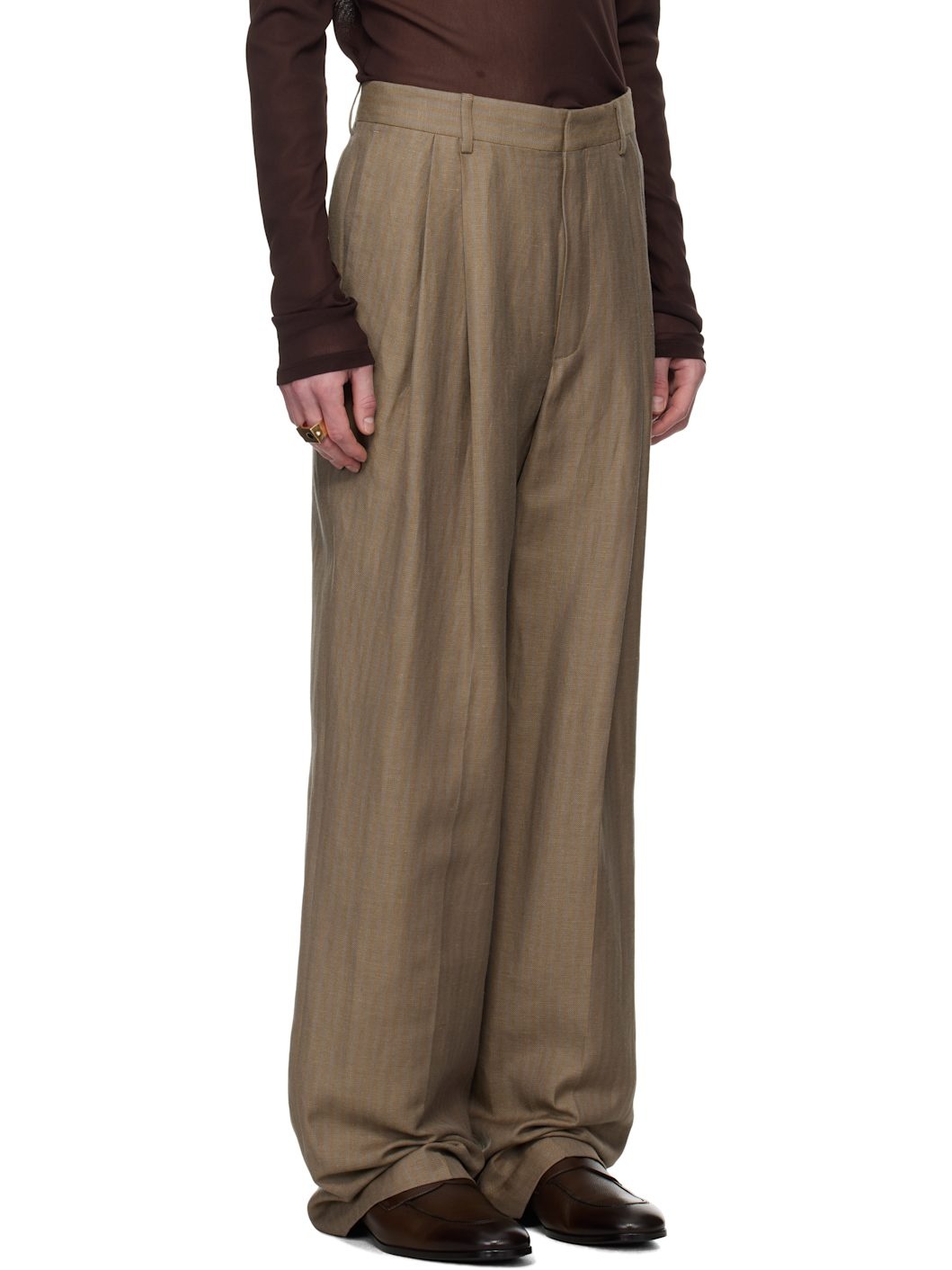 Beige Linen Straight Trousers - 2