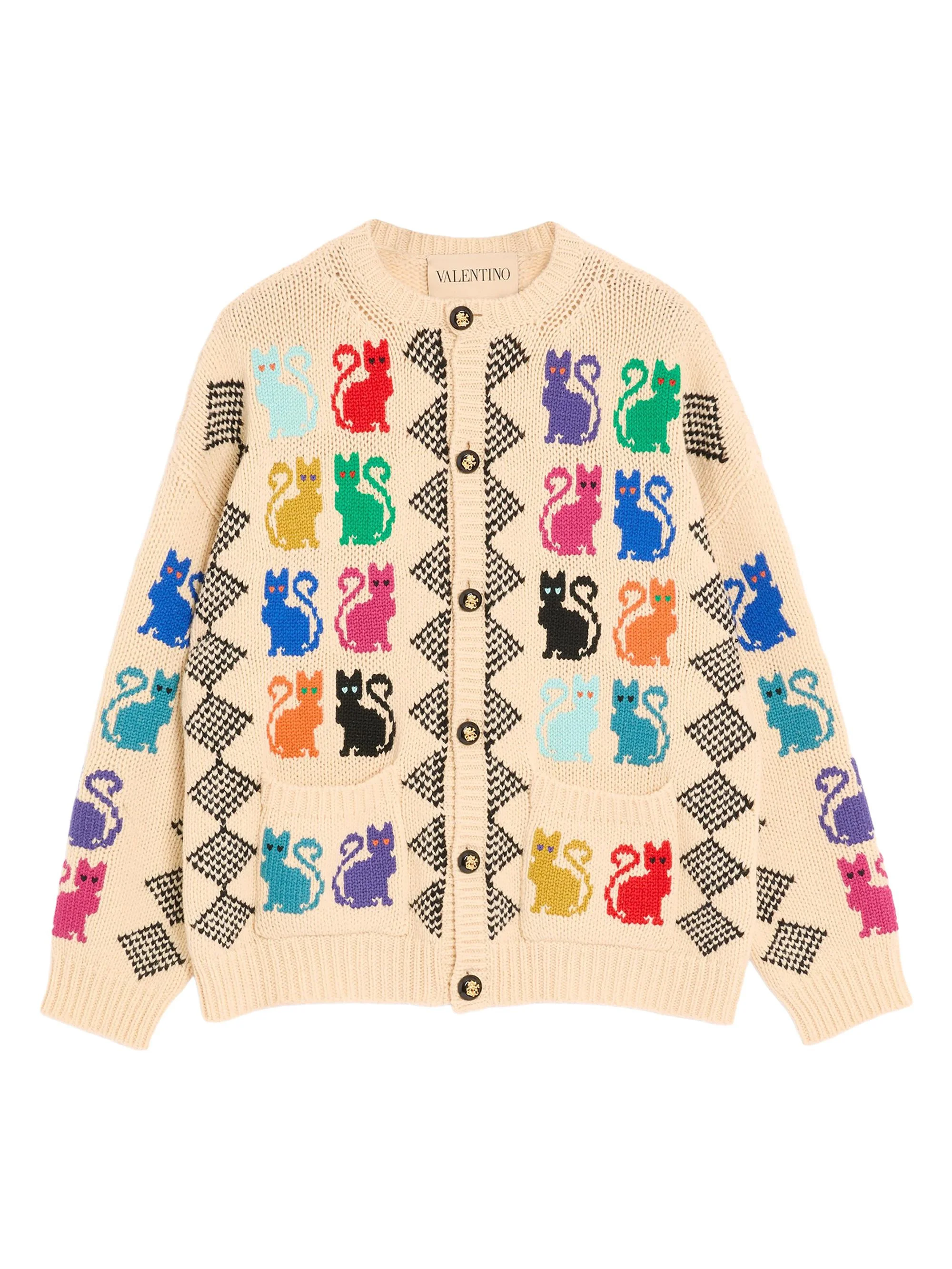 Valentino Men's Wool Cardigan With Le Chat De La Maison Jacquard