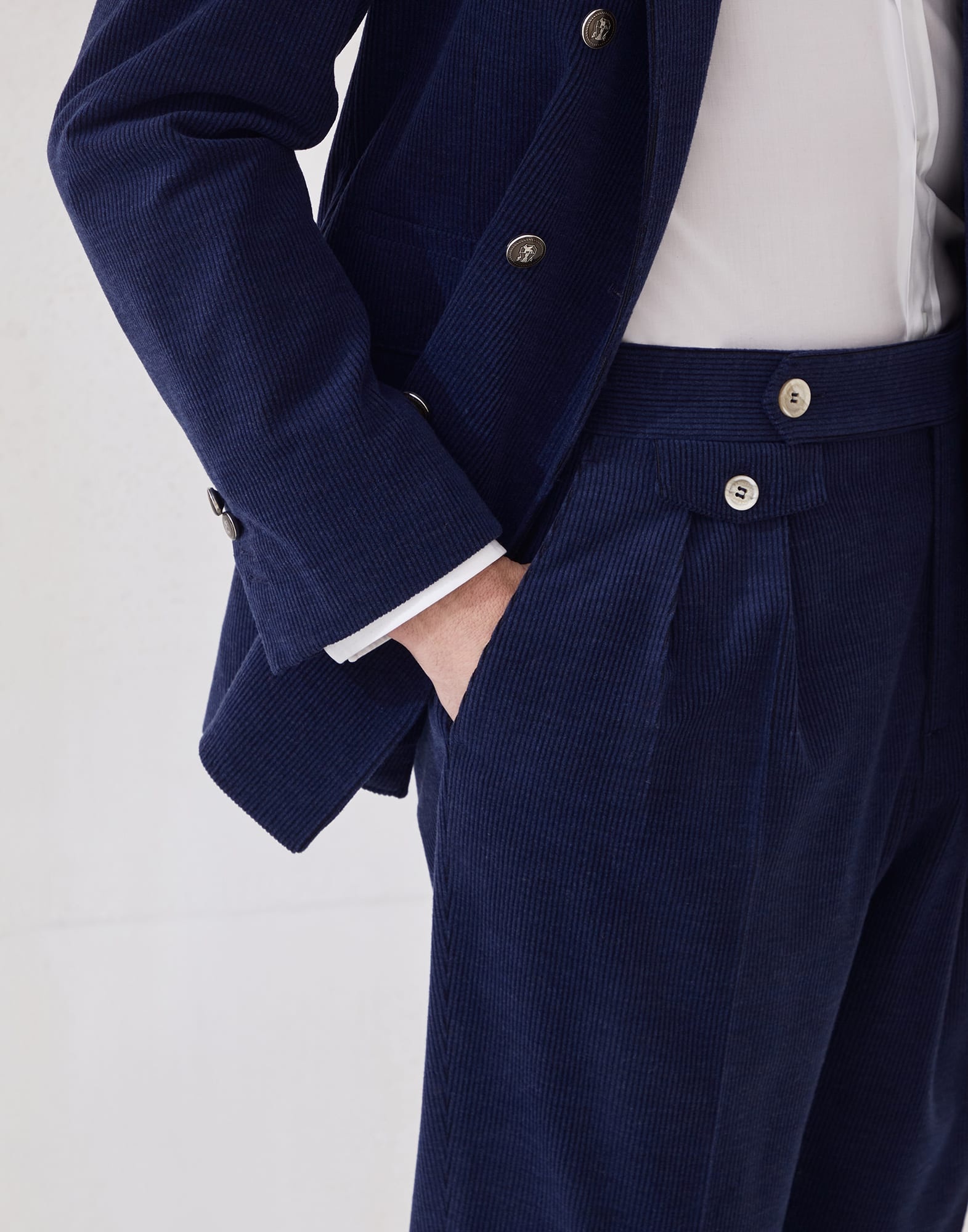 Wool, silk and cashmere corduroy tailor fit trousers with double pleats and waist tabs - 3