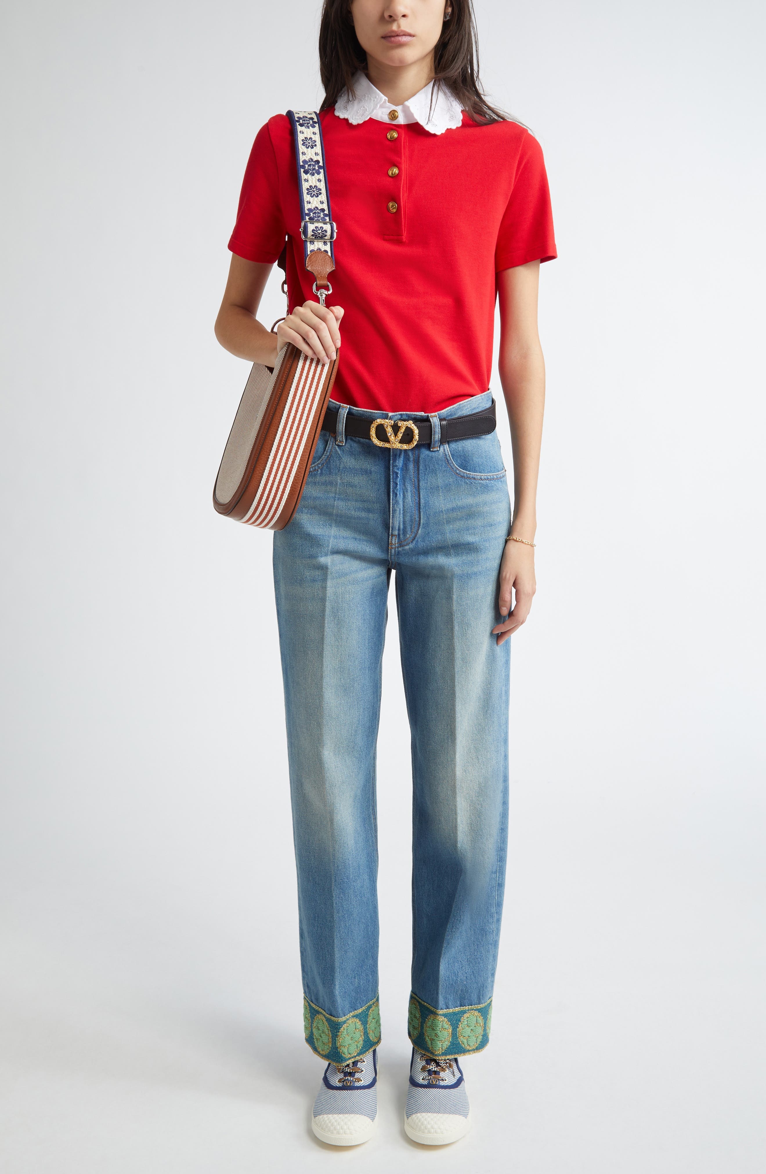 Valentino Garavani Jacquard Trim Straight Leg Jeans in Medium Blue Denim at Nordstrom - 2