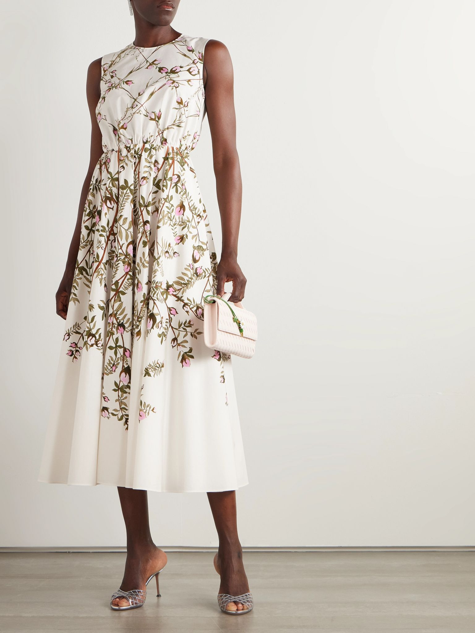 Pleated floral-print cotton-poplin midi dress White - 2