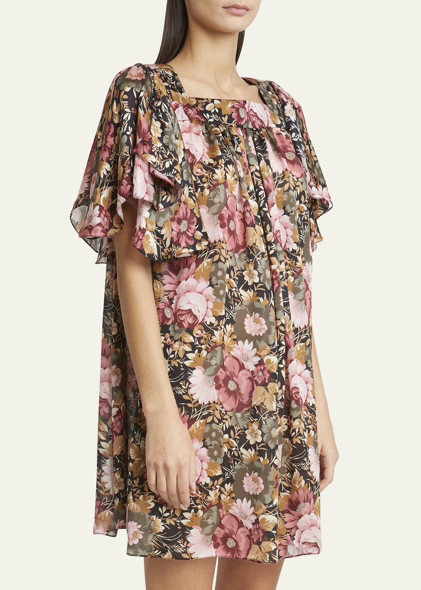 Rose Print Pleated Mini Silk Dress - 4