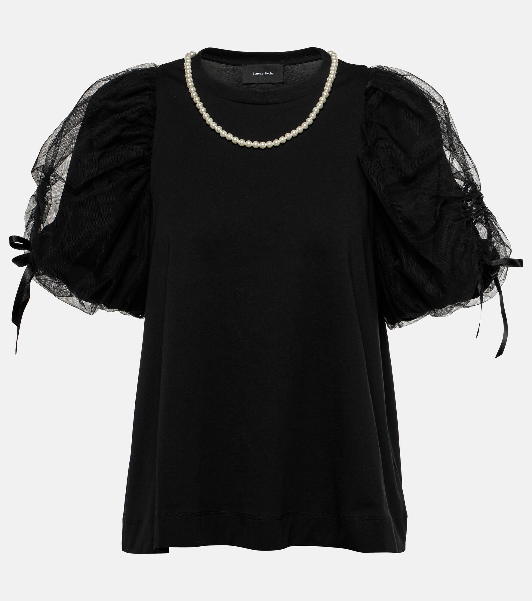 Puff-sleeve jersey and tulle top - 1