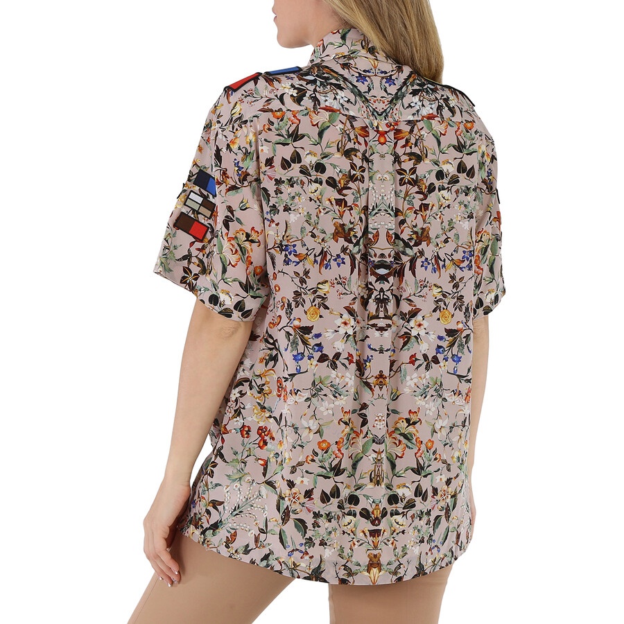 Burberry Badge Appliques Iris Floral-Print Silk Crepe De Chine Oversized Shirt - 6