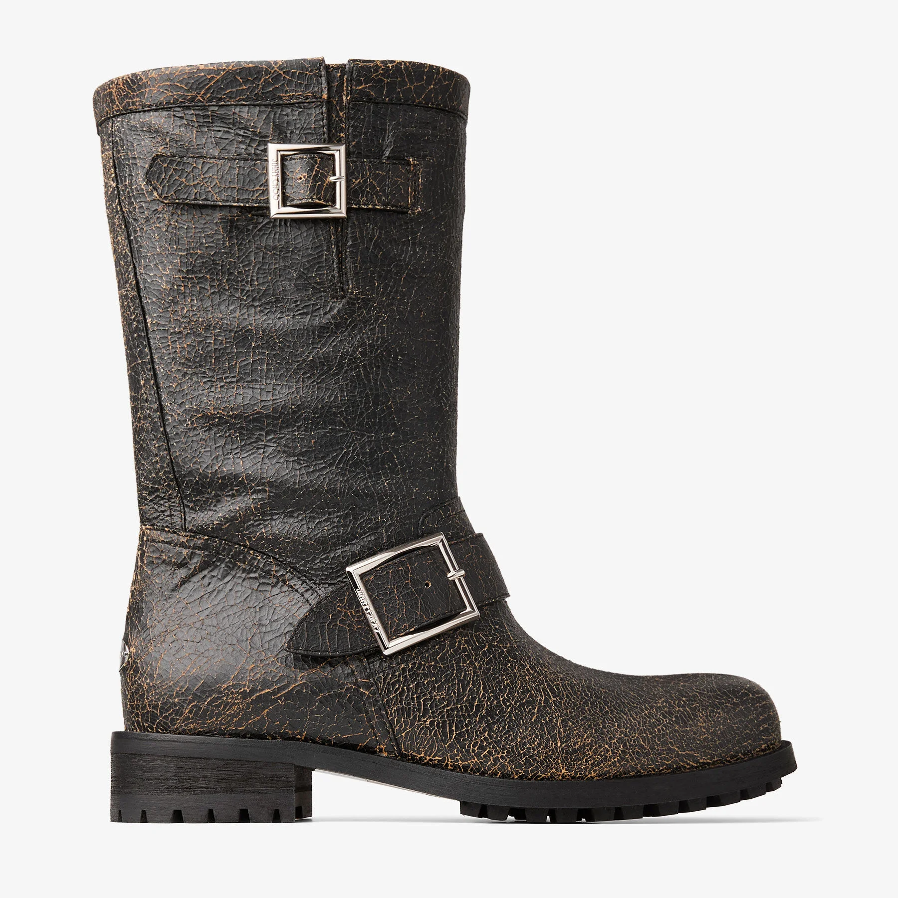 Biker Mid Black and Toffee Crackled Leather Biker Mid Boots - 1