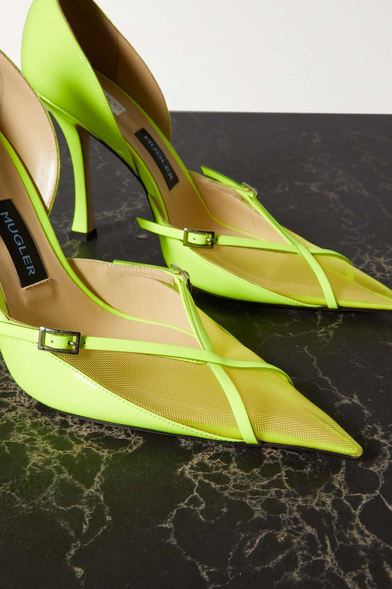 + Mugler Strap 100 buckled neon leather and mesh pumps - 4