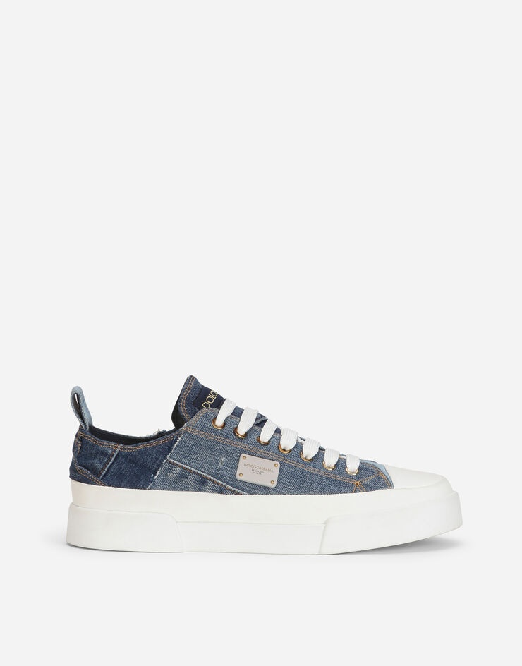 Patchwork denim Portofino light sneakers with logo plate - 1