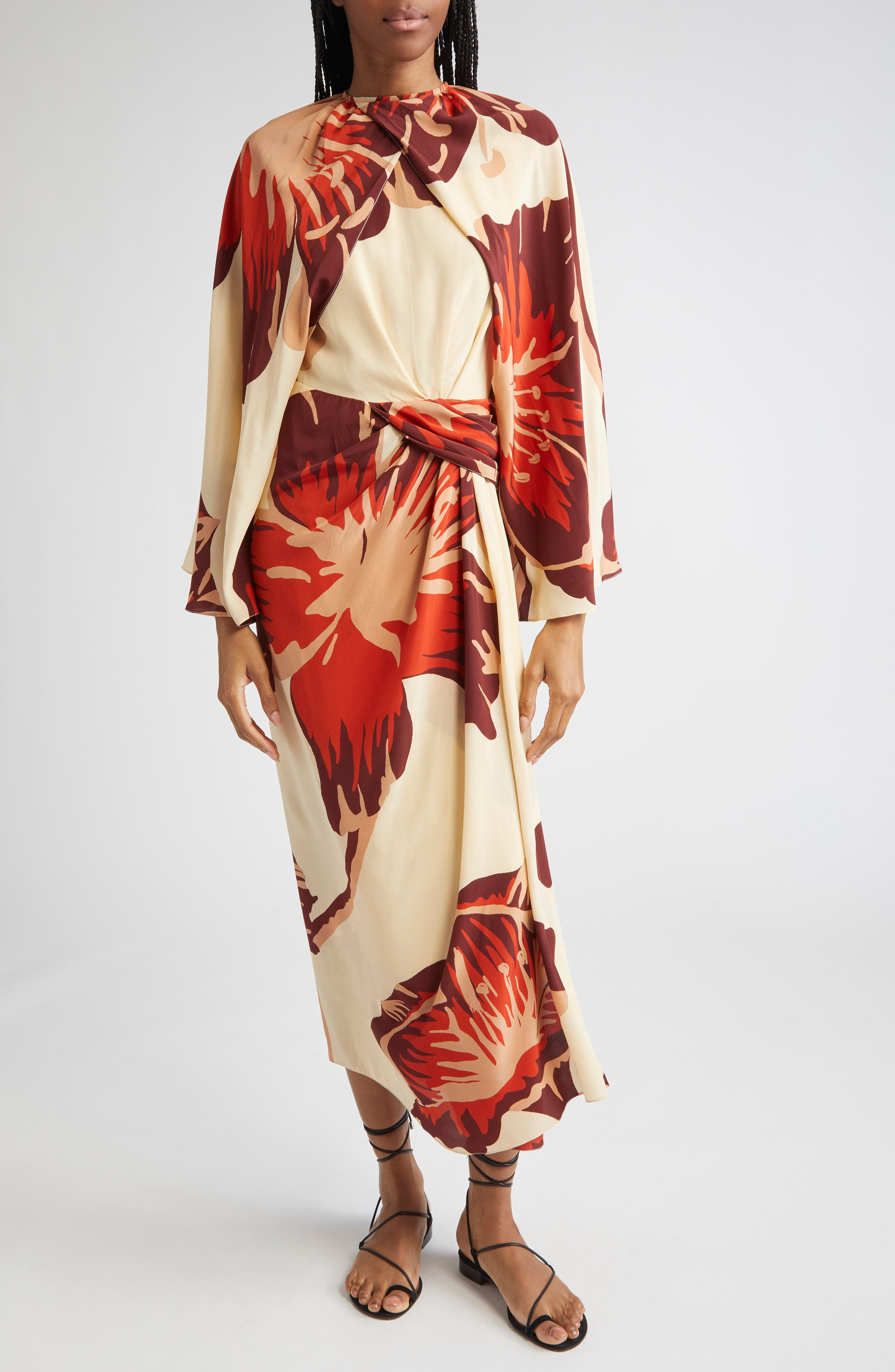 Johanna Ortiz Odyssey Floral Print Dress with Removable Cape in Ecru /Wine /Red /Pink at Nordstrom - 1