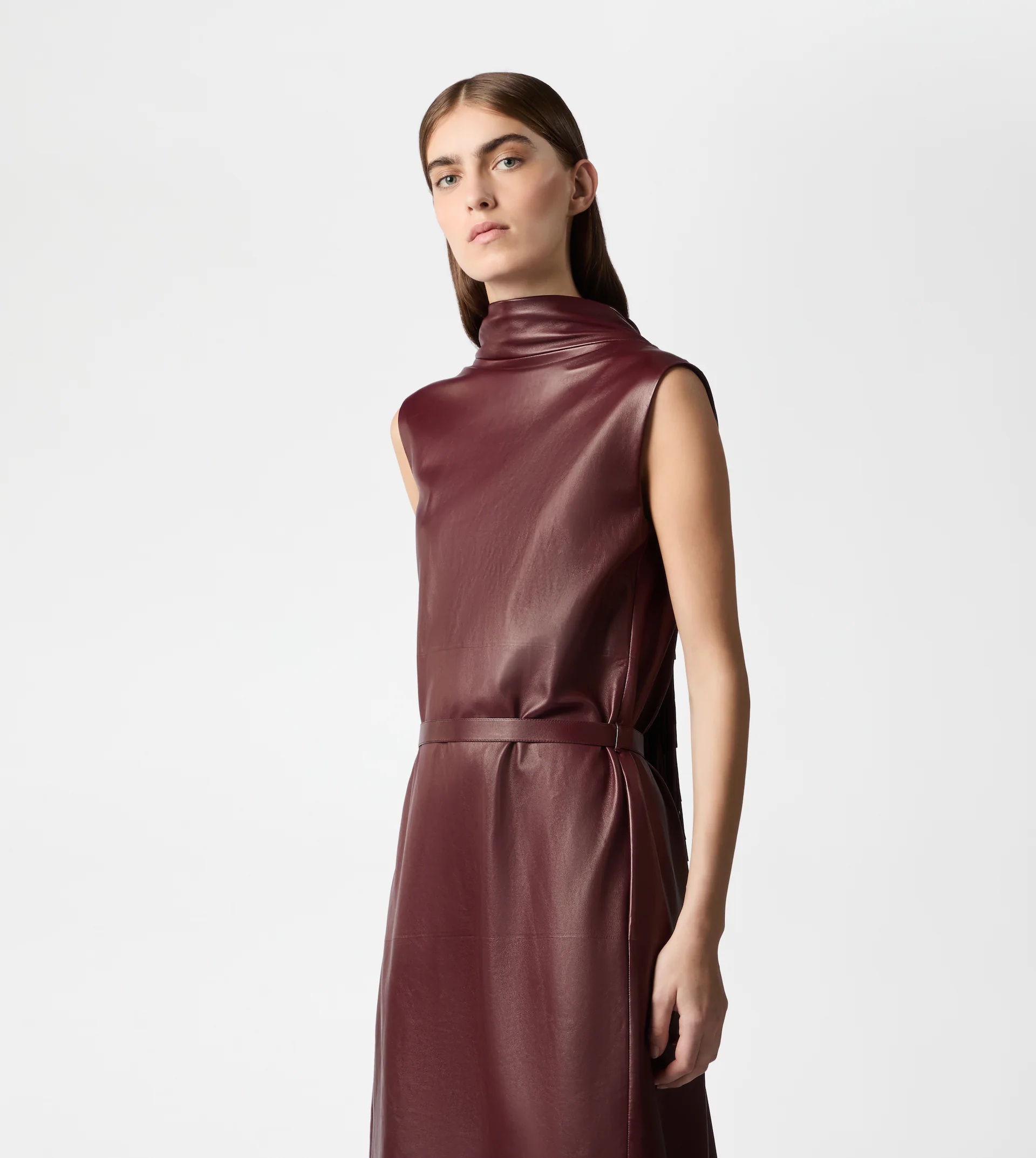 DRESS IN NAPPA LEATHER WITH FRINGES - BURGUNDY - 6