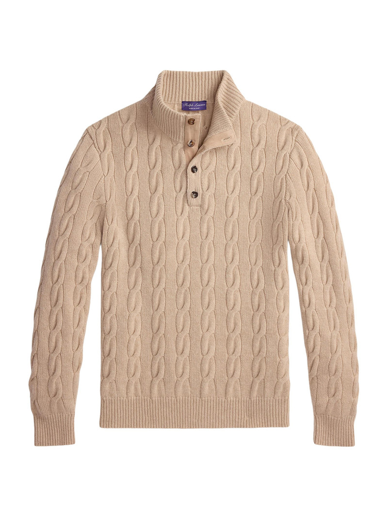 Men's Cable-Knit Mockneck Cashmere Sweater - Champagne Melange 1