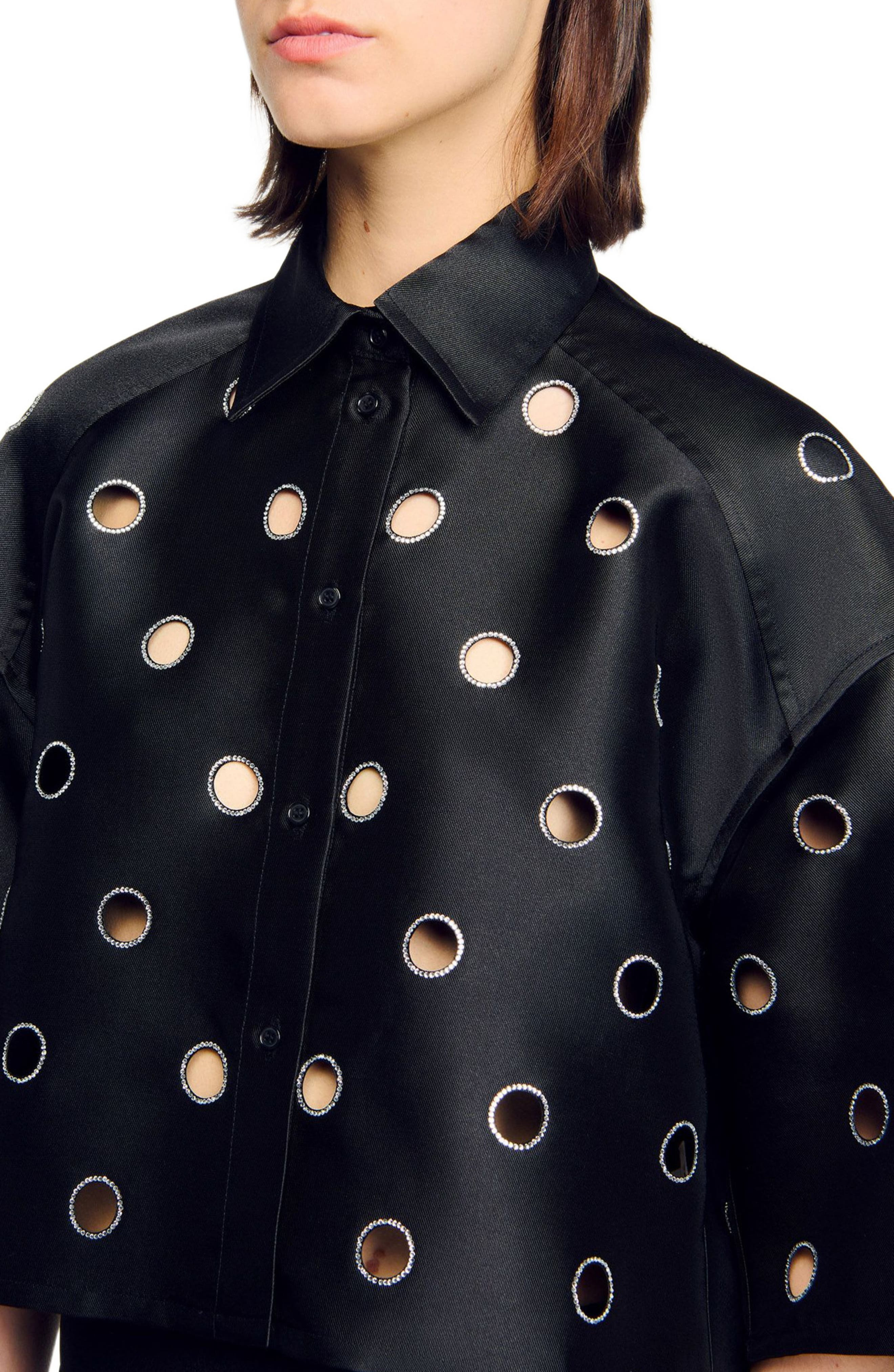 SANDRO Oversized shirt with rhinestones holes in Black at Nordstrom - 4