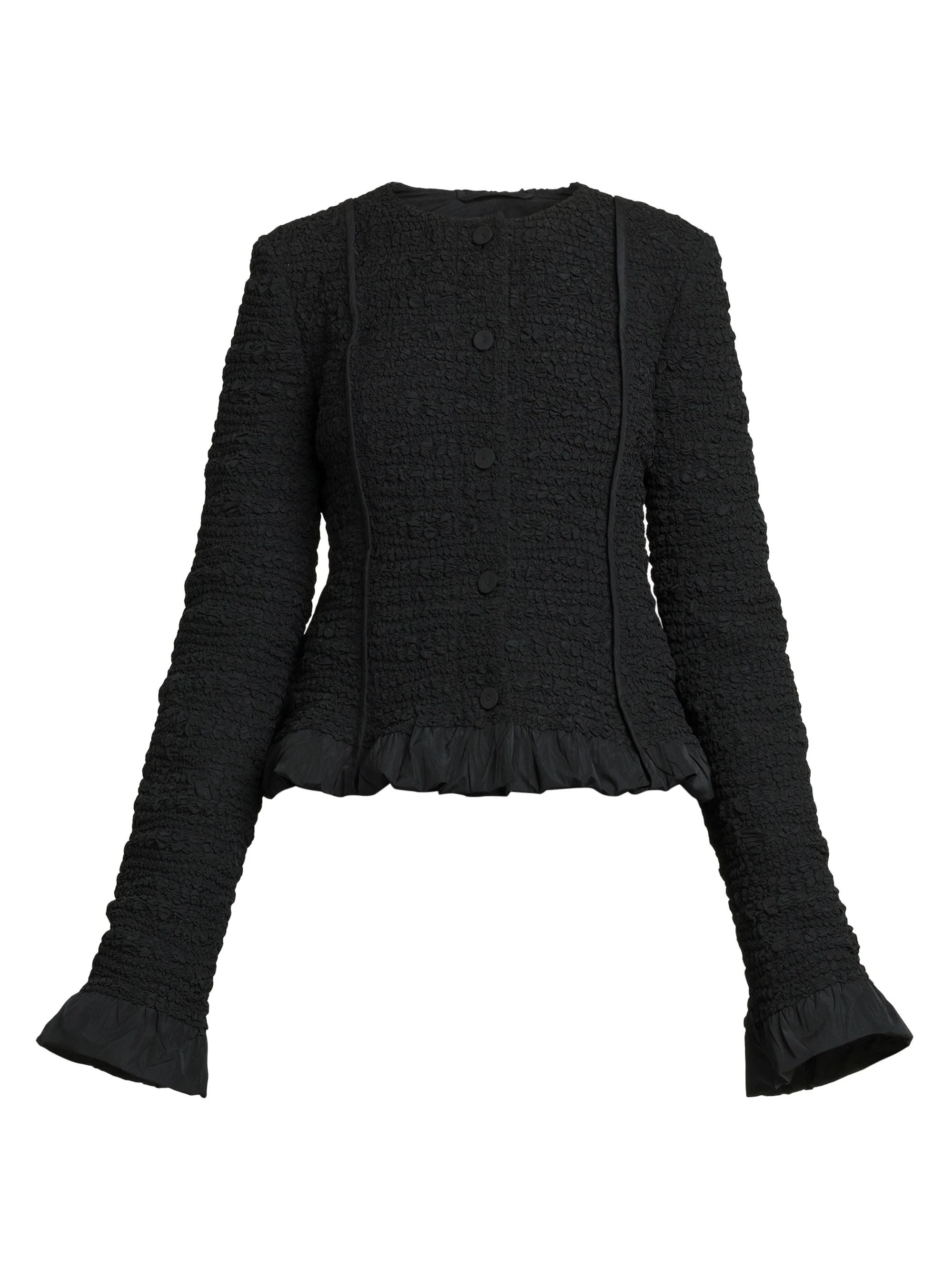 Women's Smocked Fitted Frill Jacket - Black - 1