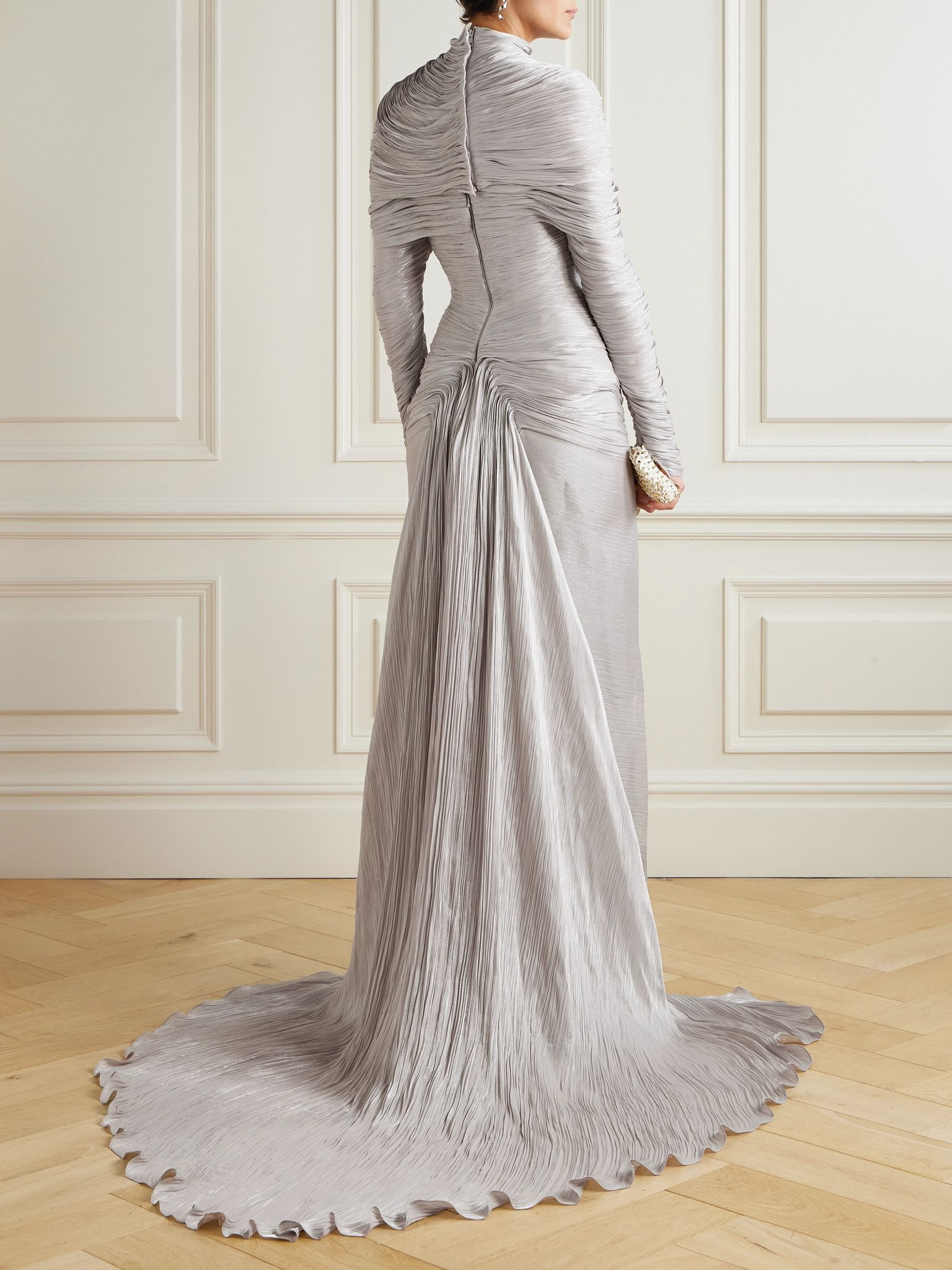 Cape-effect metallic plissé-chiffon gown Silver - 3