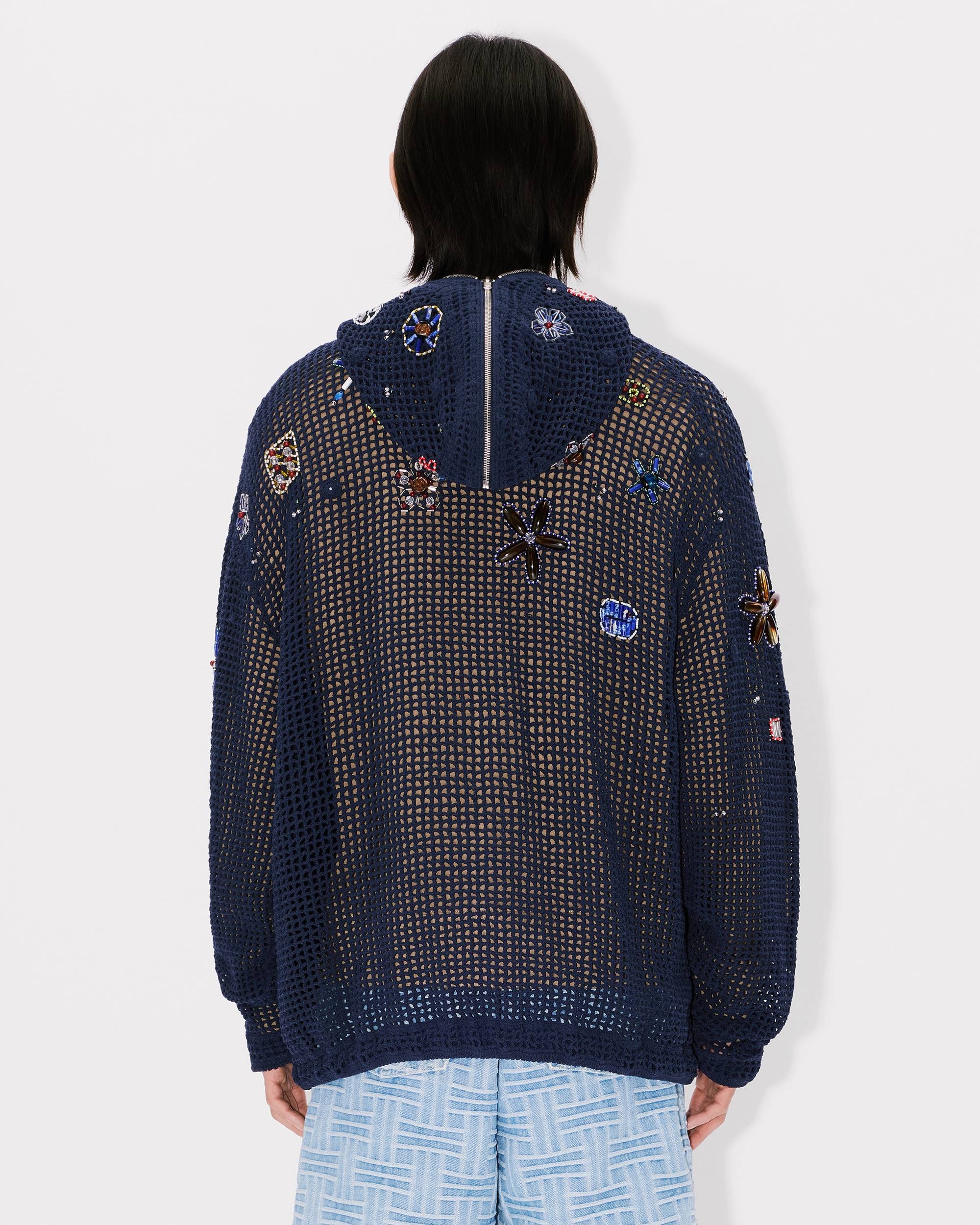 Oversized embroidered zip-up knitted hooded sweatshirt in cotton mesh - 6