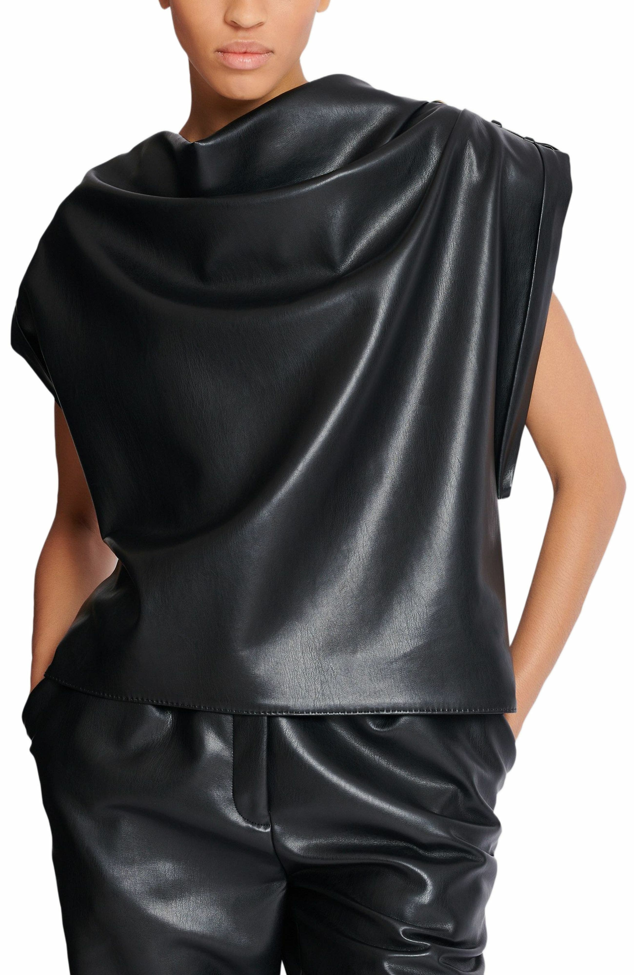 Balmain Faux leather draped top in Black at Nordstrom - 4
