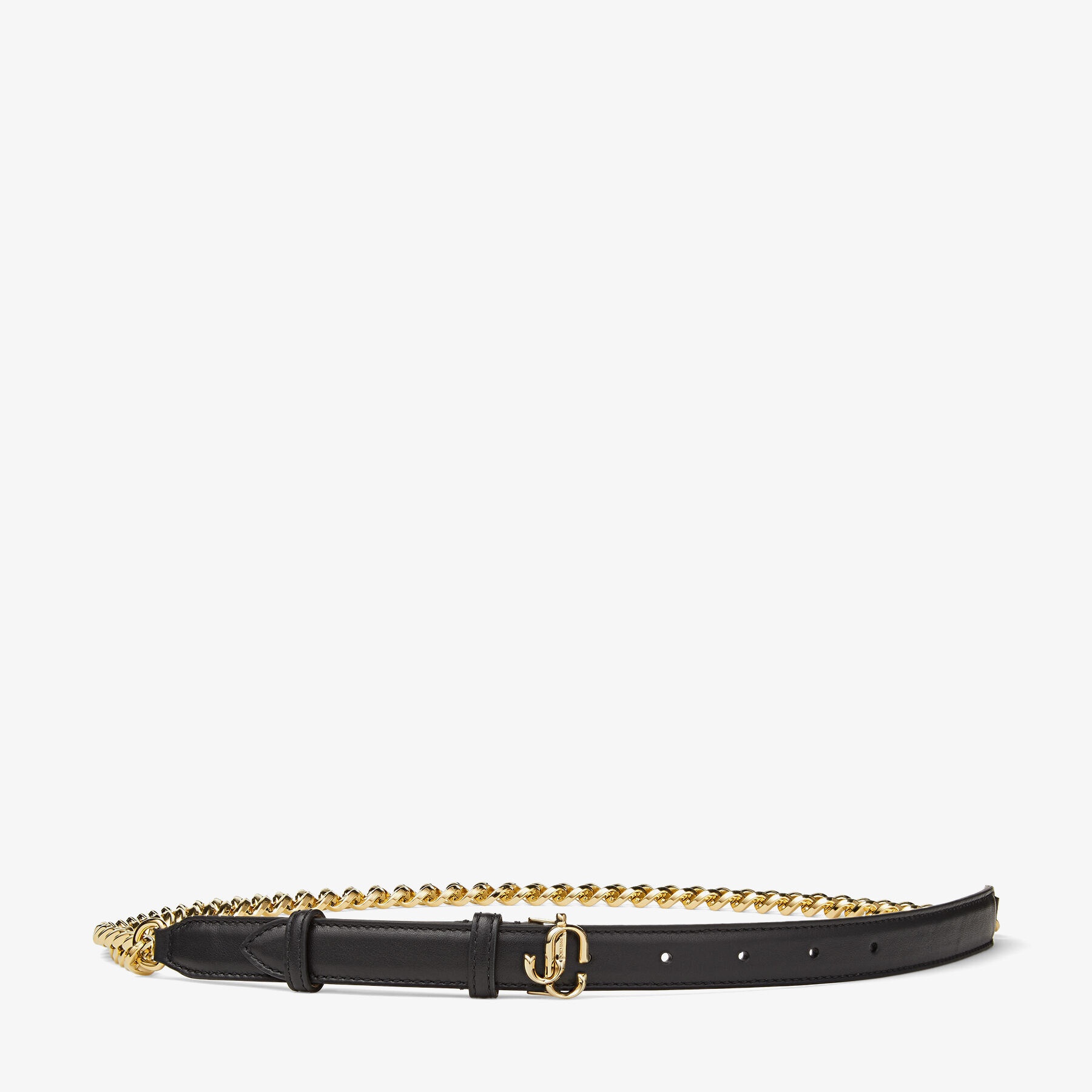 JC Chain
Black Soft Shiny Calf Leather and Chain Belt with Light Gold JC Emblem - 1