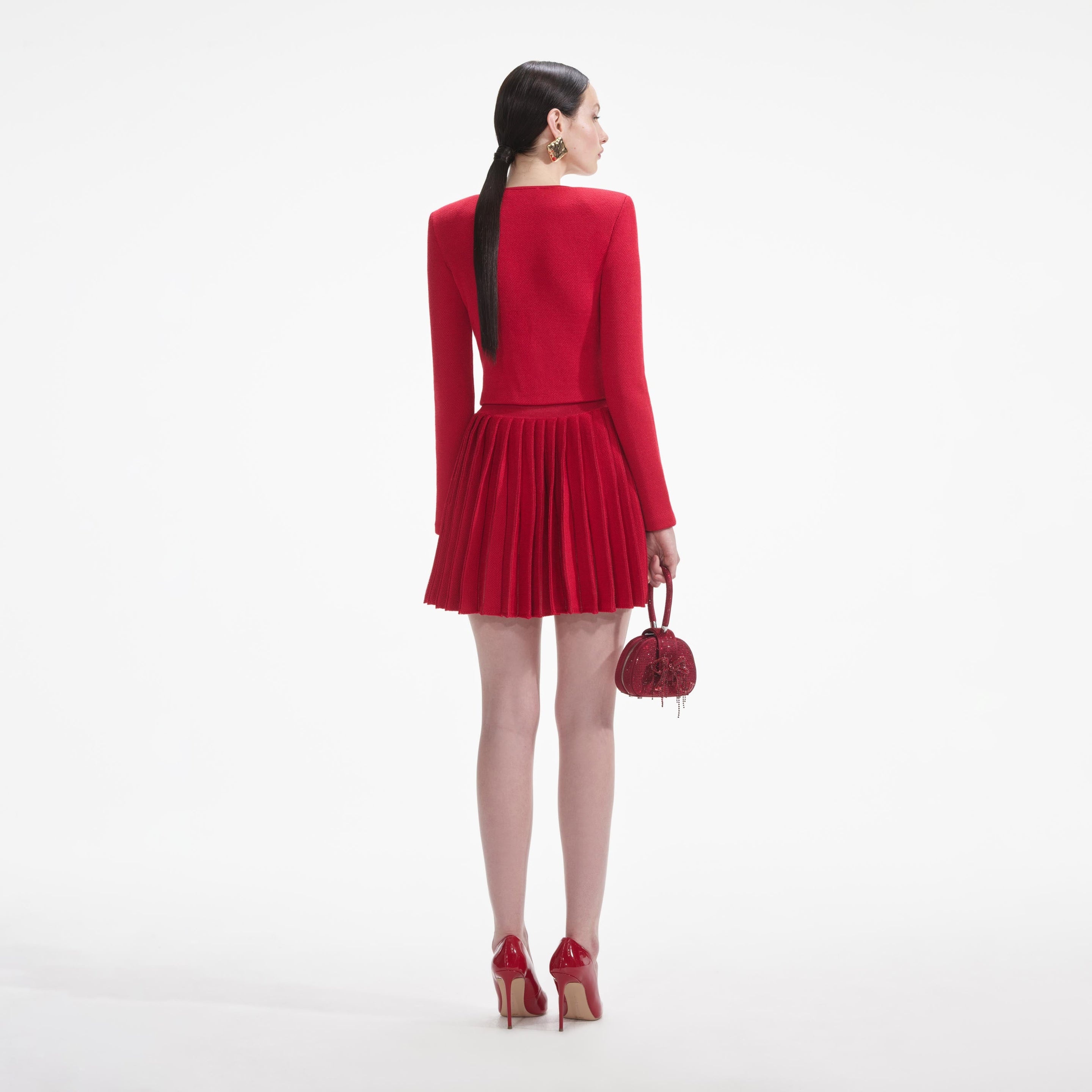 Red Pleated Knit Mini Skirt - 3