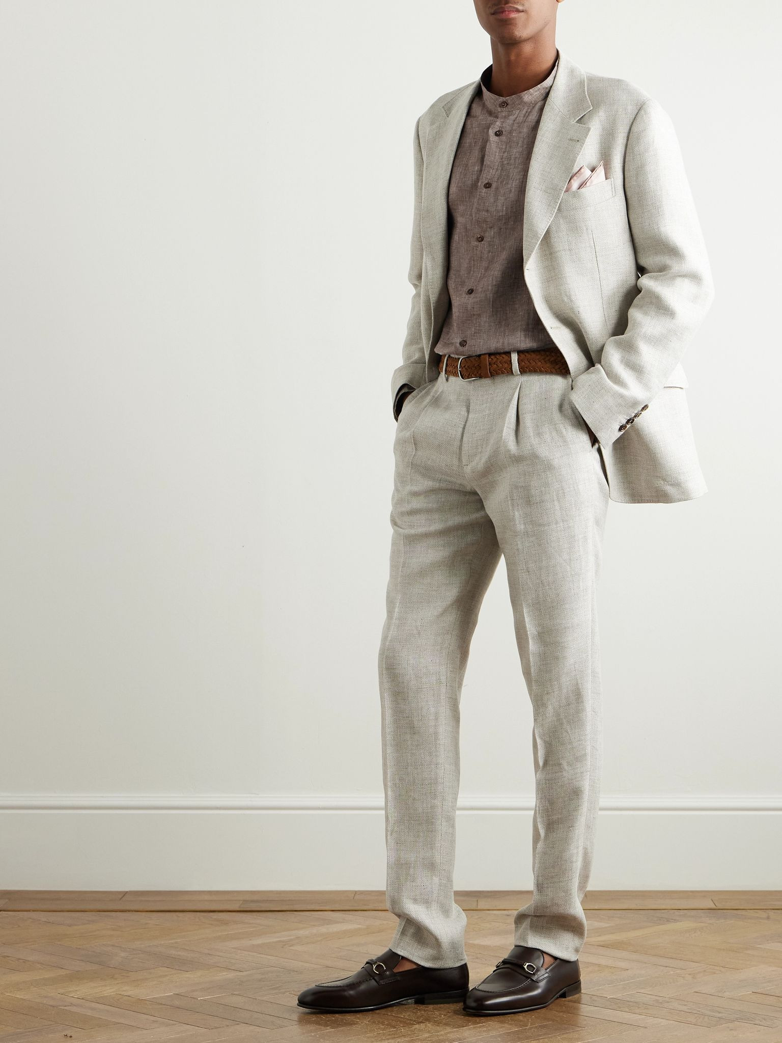 Grandad-Collar Linen Shirt Brown - 2