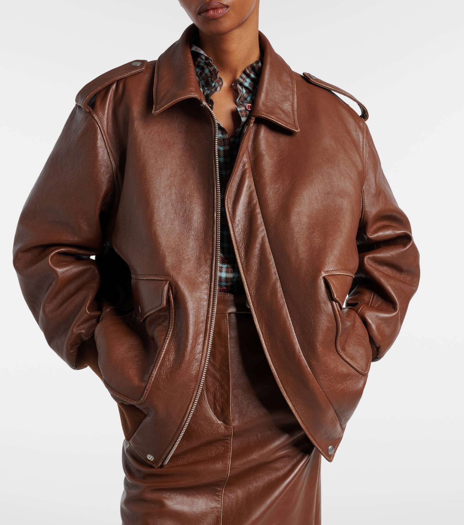 Shearling-trimmed leather jacket - 7