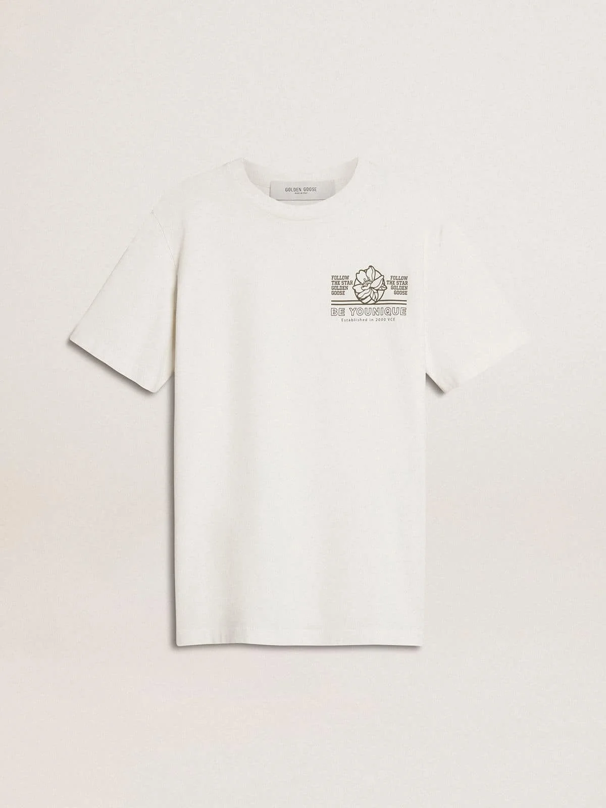 Women's white T-shirt with black print on the chest - 1