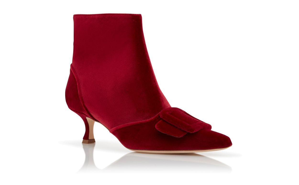 Red Velvet Buckle Detail Ankle Boots - 3