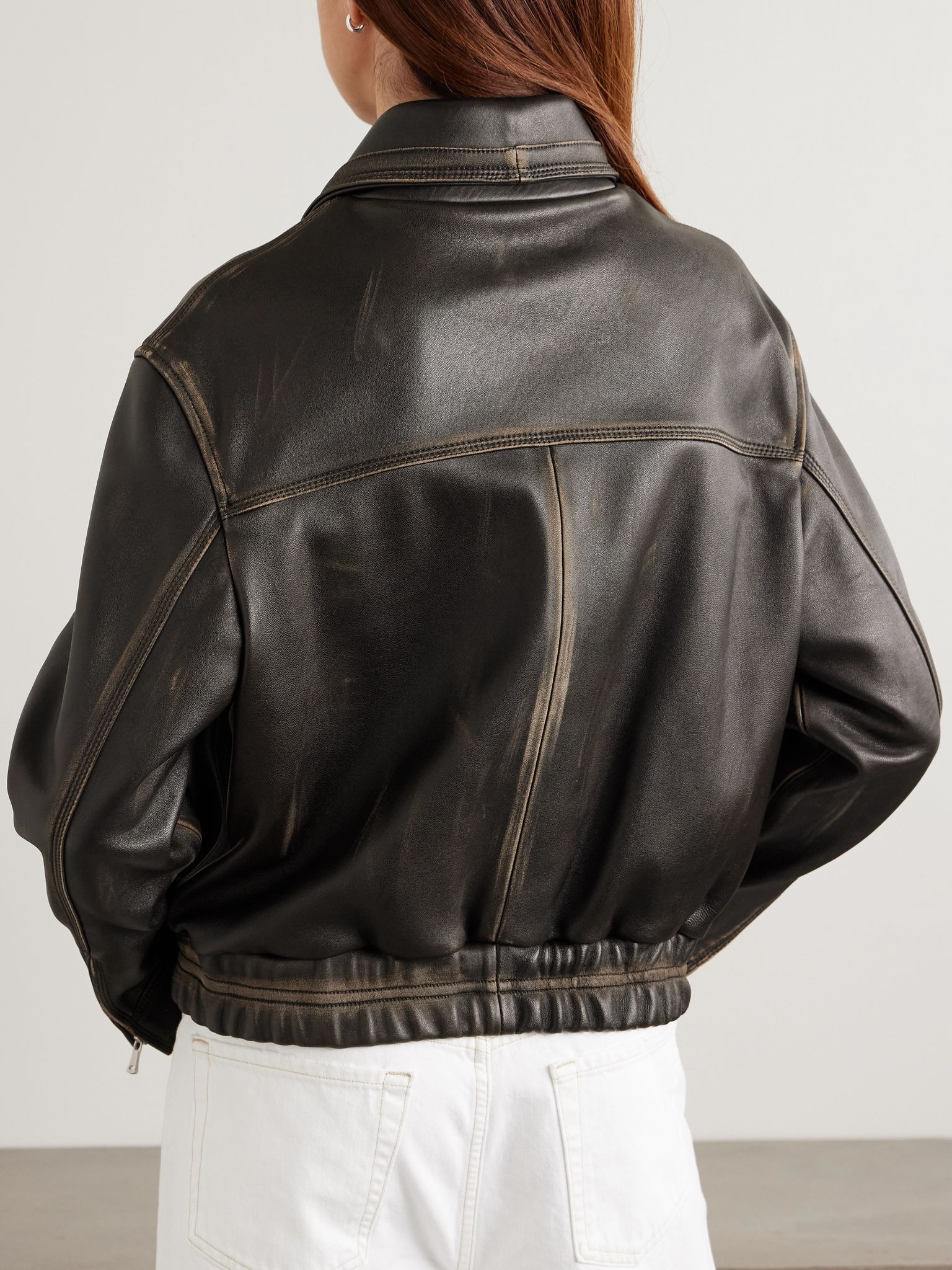 Clint oversized paneled distressed leather bomber jacket Black - 4