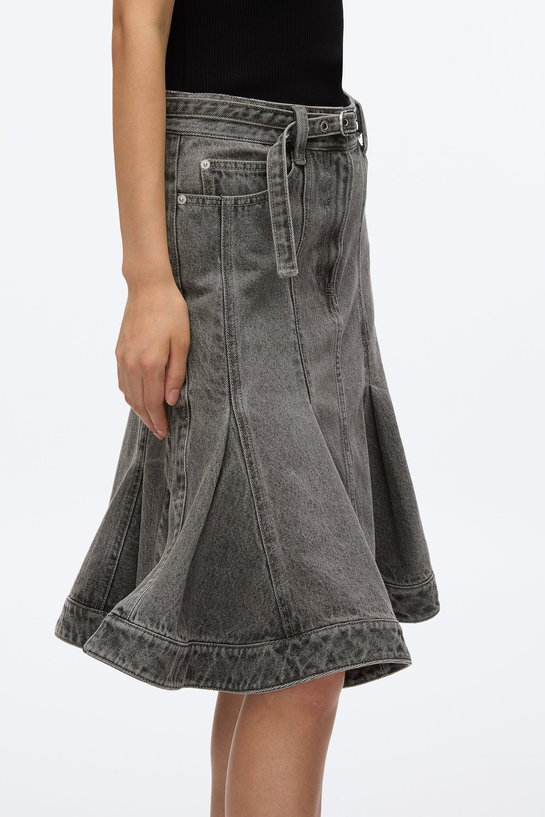 Flounce Hem Belted Denim Skirt - 5