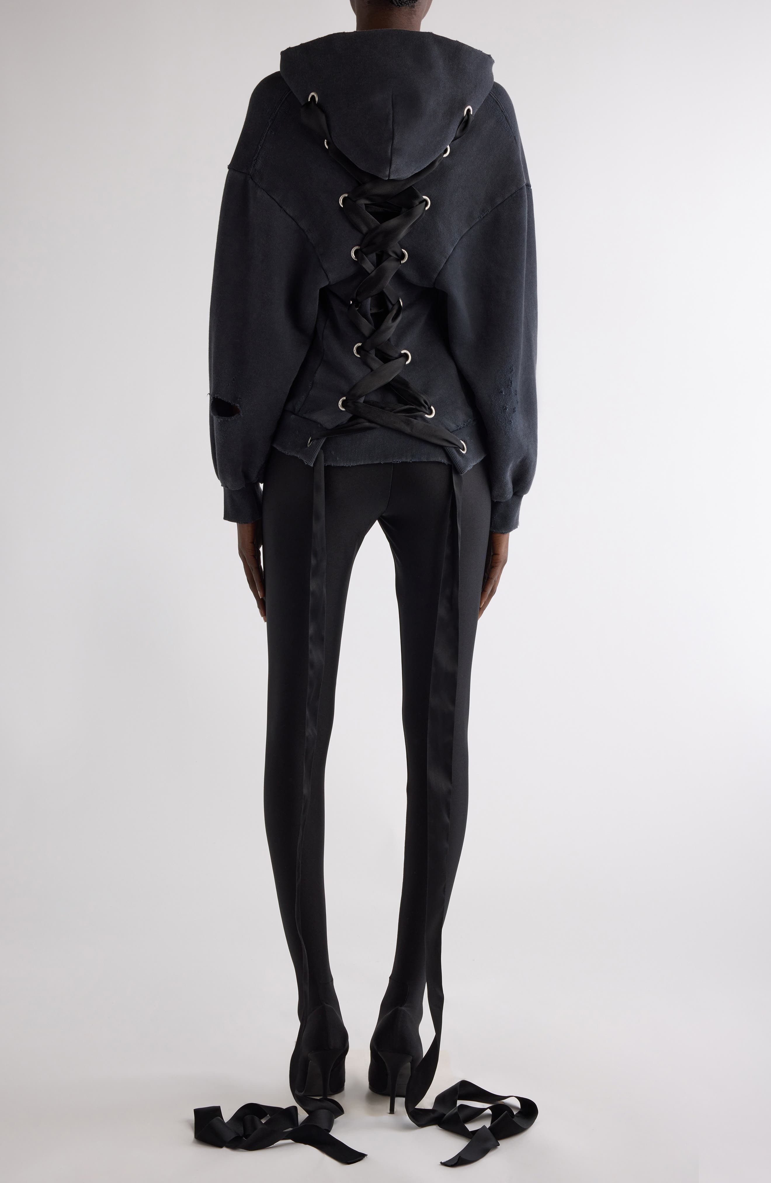 Balenciaga Lace-Up Back Zip Hoodie in 1041 Faded Washed Black at Nordstrom - 2
