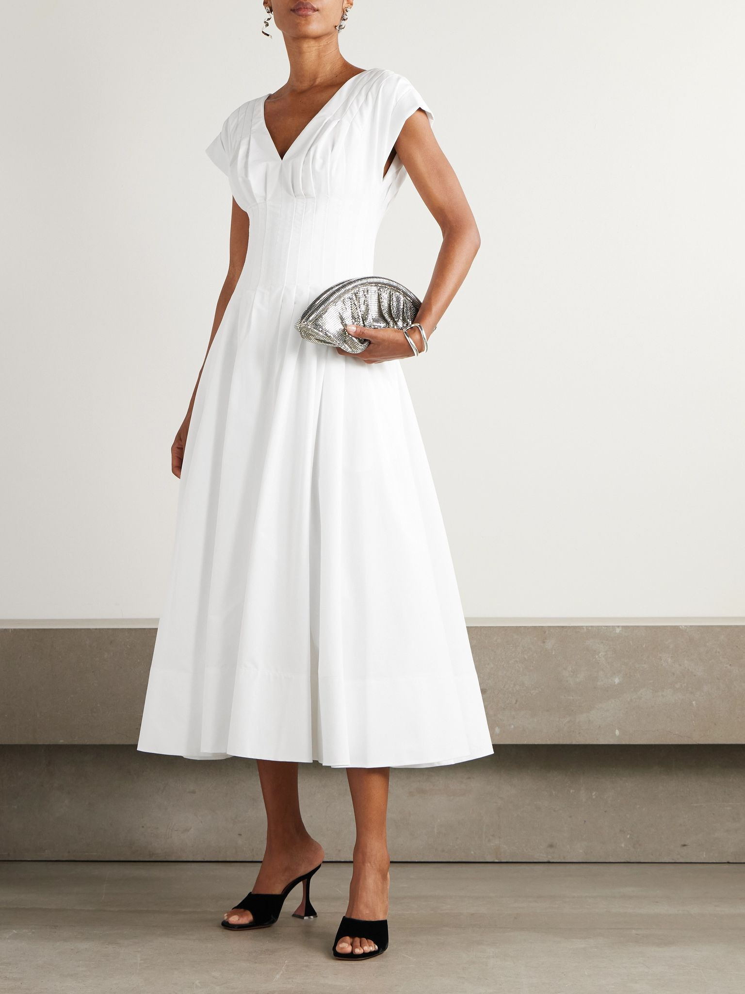 Nina pleated cotton-blend poplin midi dress White - 2