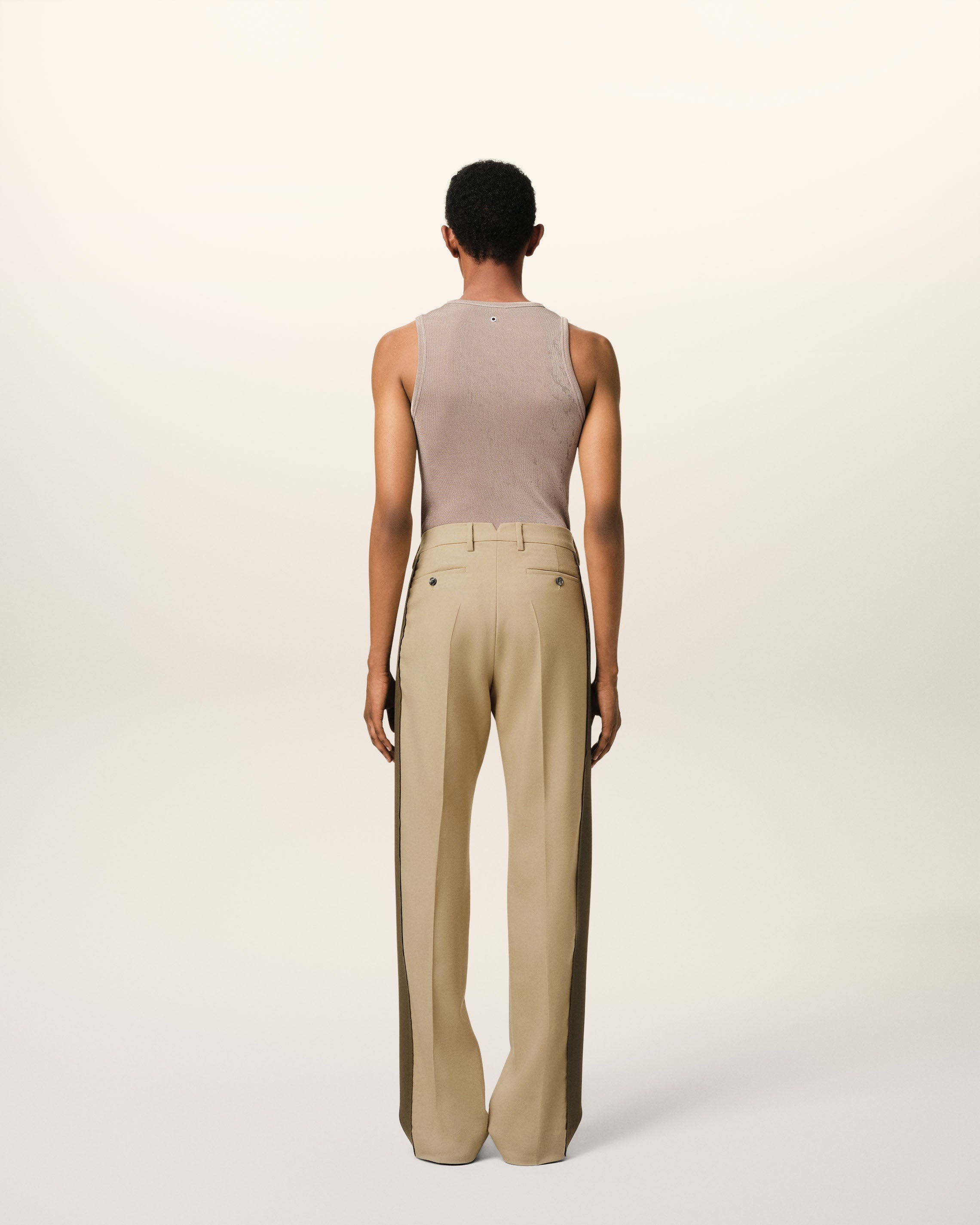 BEIGE WOOL CONTRASTED BAND STRAIGHT TROUSERS - 4
