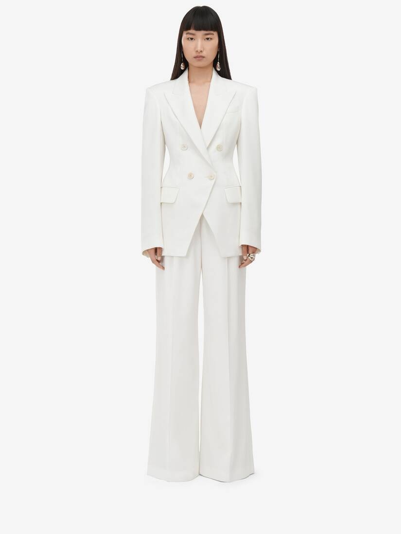 Women's Double Pleat Wide Leg Trousers in Ivory - 1