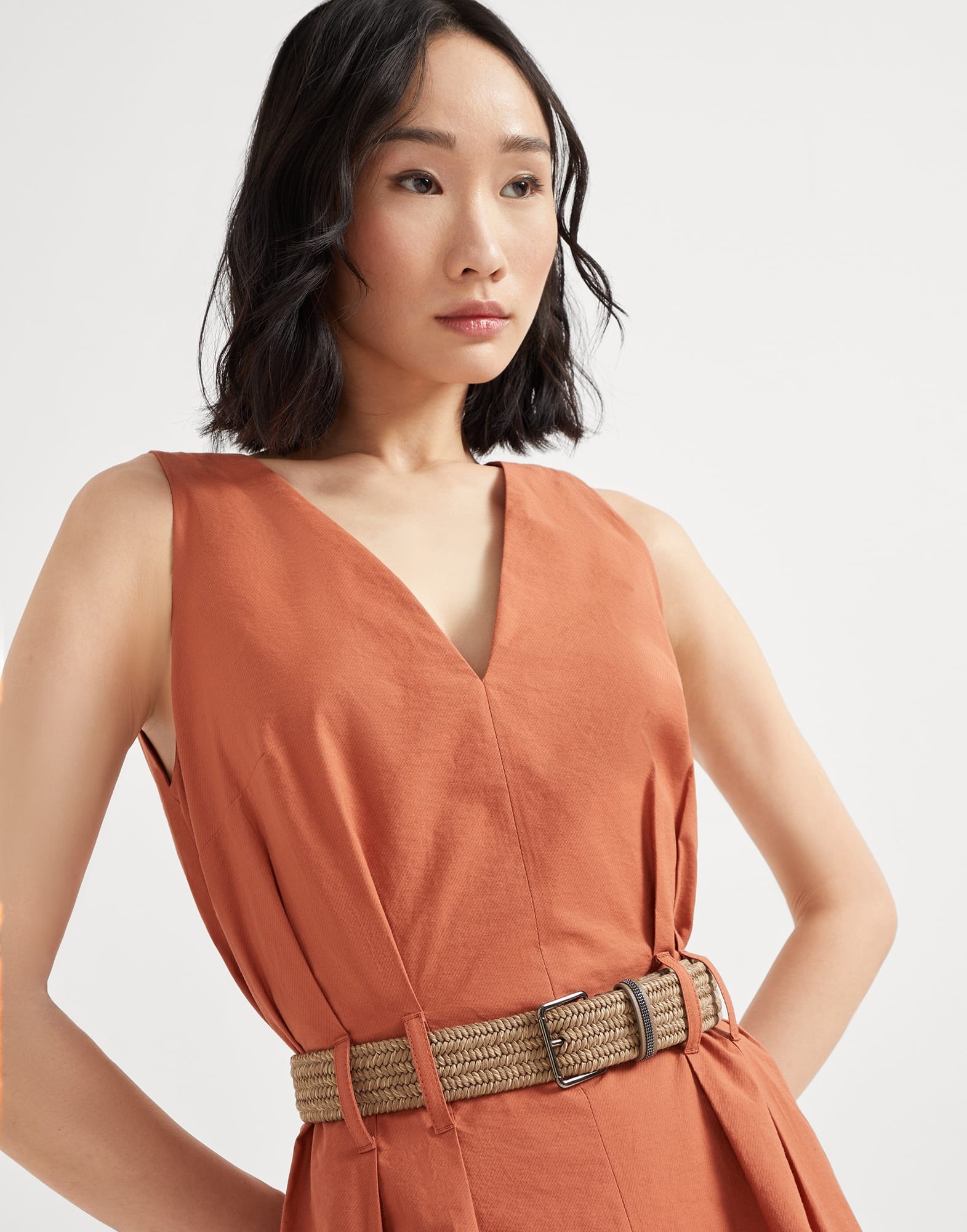 Techno cotton texture twill mini dress with rope and shiny loop belt - 3