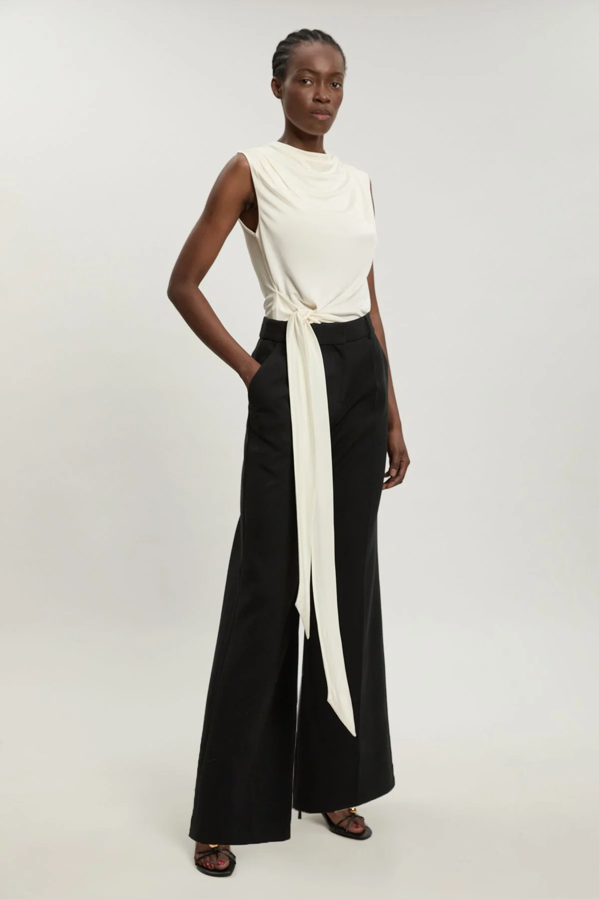 Asymmetric Drape Viscose Crepe Neck Top With Tie Detail - 1