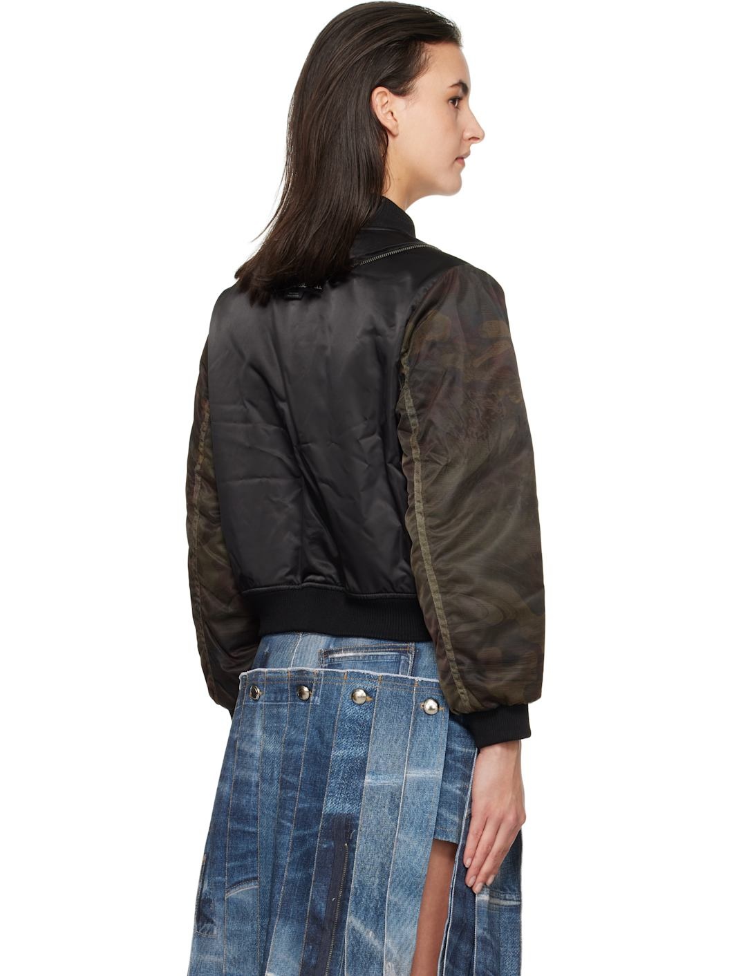 Black Mesh Sleeve Bomber Jacket - 3