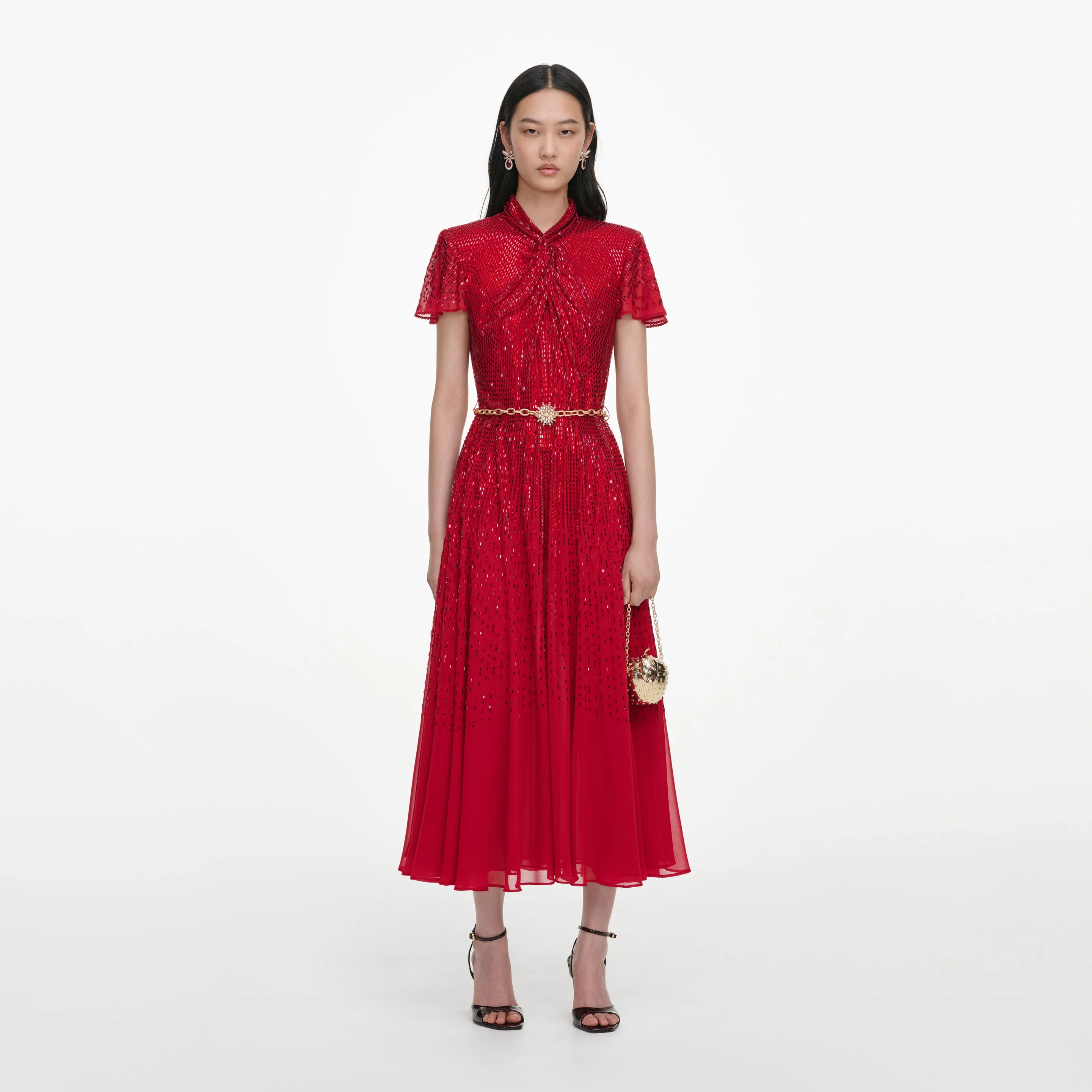 Red Ombre Rhinestone Twist Midi Dress - 1