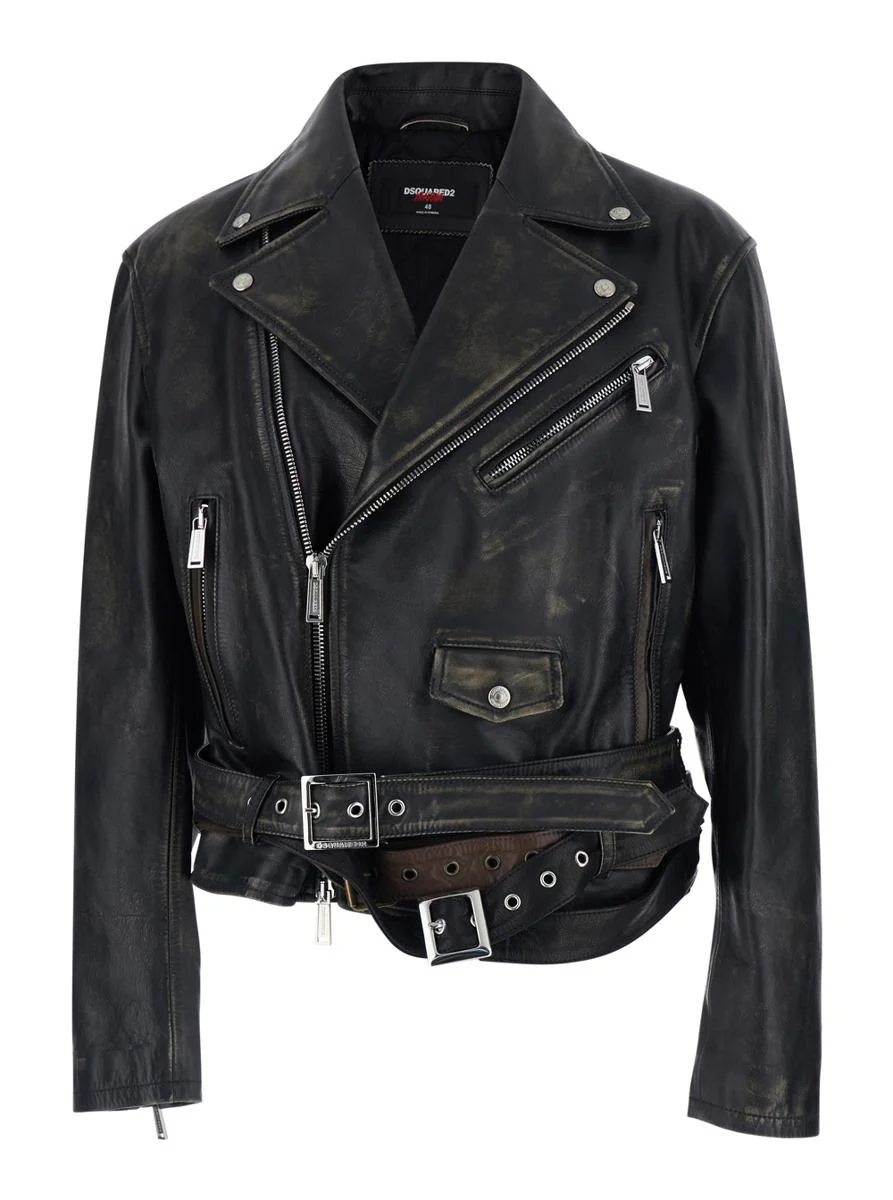 DSQUARED2 'D2 X Magliano' Black Biker Jacket With Wide Classic Lapels And Logoed Belt At The Waist I - 1