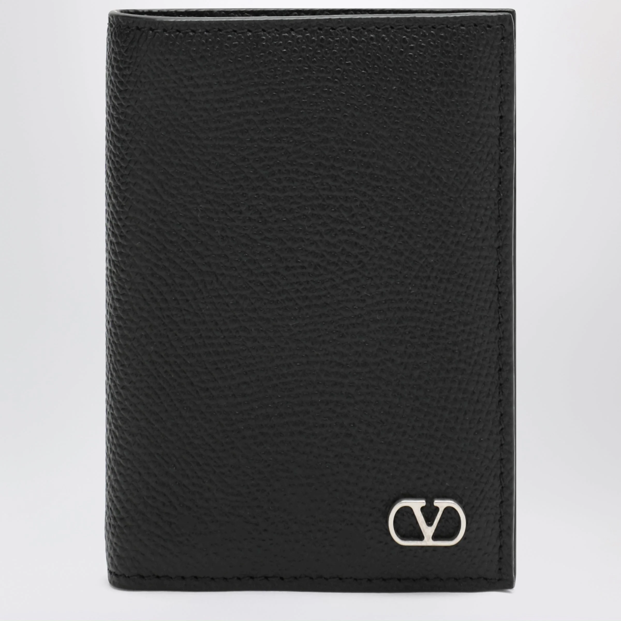 Black Vlogo grained leather card holder - 1